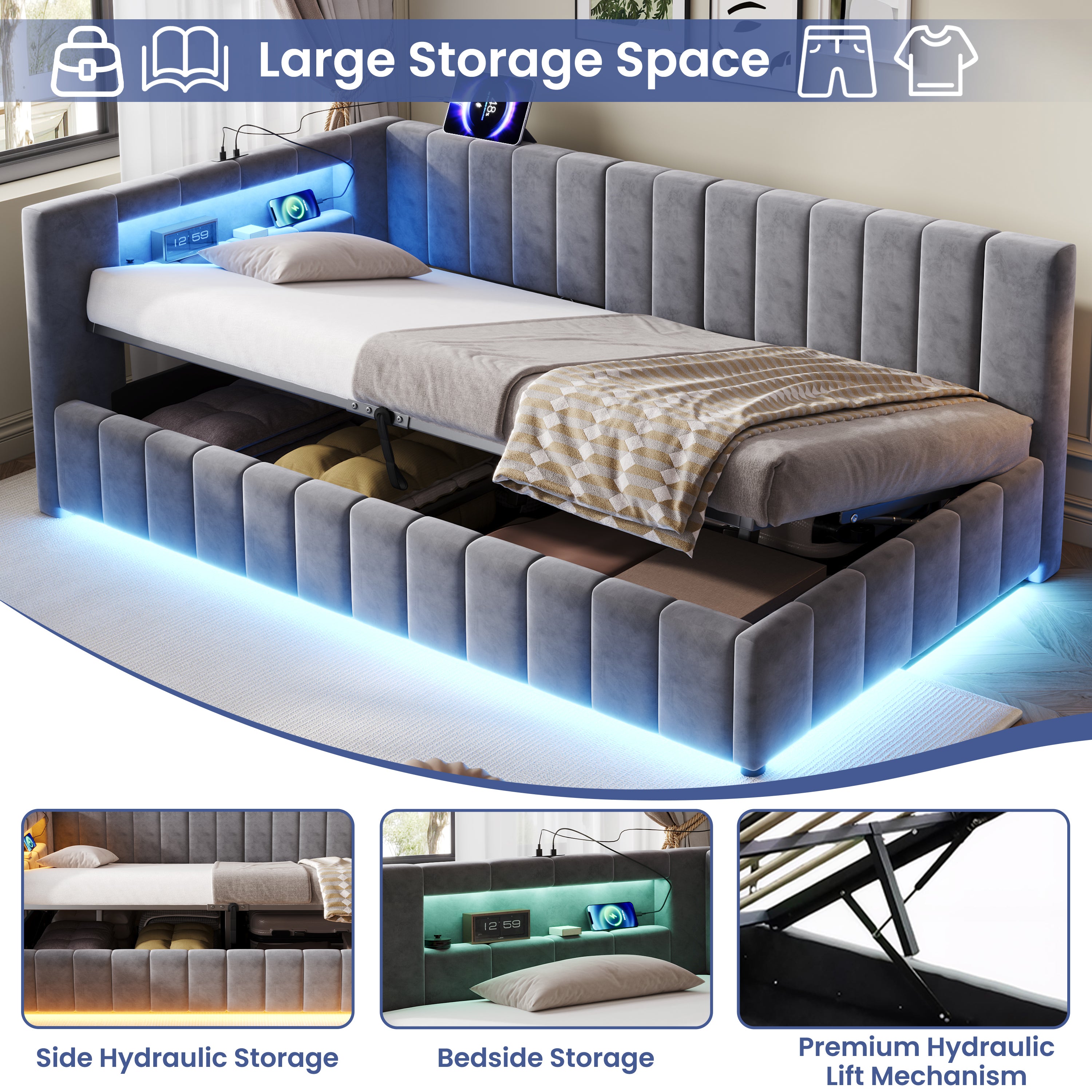 3ft Single Velvet Side Hydraulic Storage Bed with Smart RGB LED Lights & Charging Station, Side Opening Ottoman Bed Frame with Type-C & USB Ports, Channel Tufted, Grey(No Mattress)