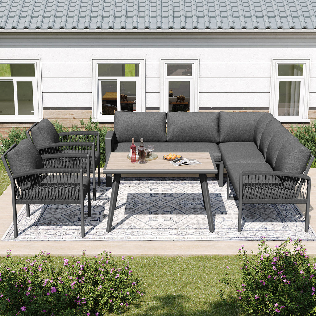 Garden Lounge Set, Furniture Set for 8 People, Ropework, Large Table with Wood Grain Finish, Galvanized Iron Frame, Adjustable Legs, All Seat and Back Cushions Included, Gray