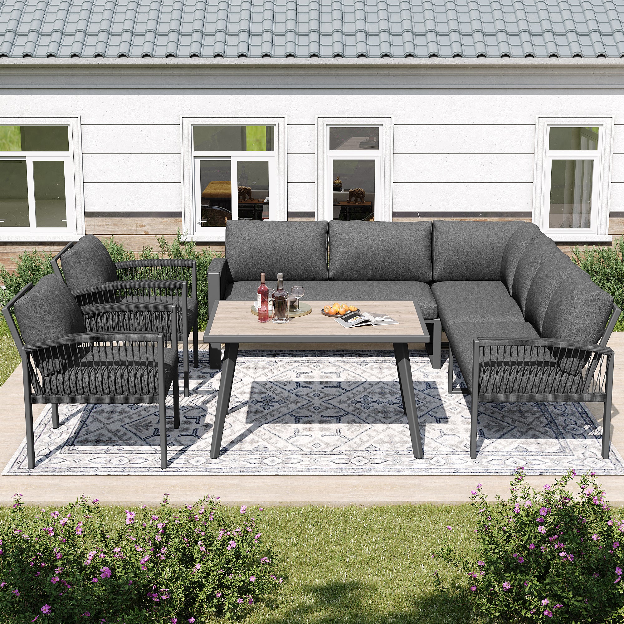 Garden Lounge Set, Furniture Set for 8 People, Ropework, Large Table with Wood Grain Finish, Galvanized Iron Frame, Adjustable Legs, All Seat and Back Cushions Included, Gray