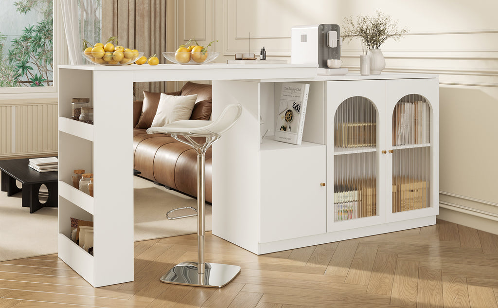 360° rotating bar table (main body 120 x 40 x 97 cm), modern and simple white rotating dining and bar cabinet, multifunctional storage cabinet with glass door