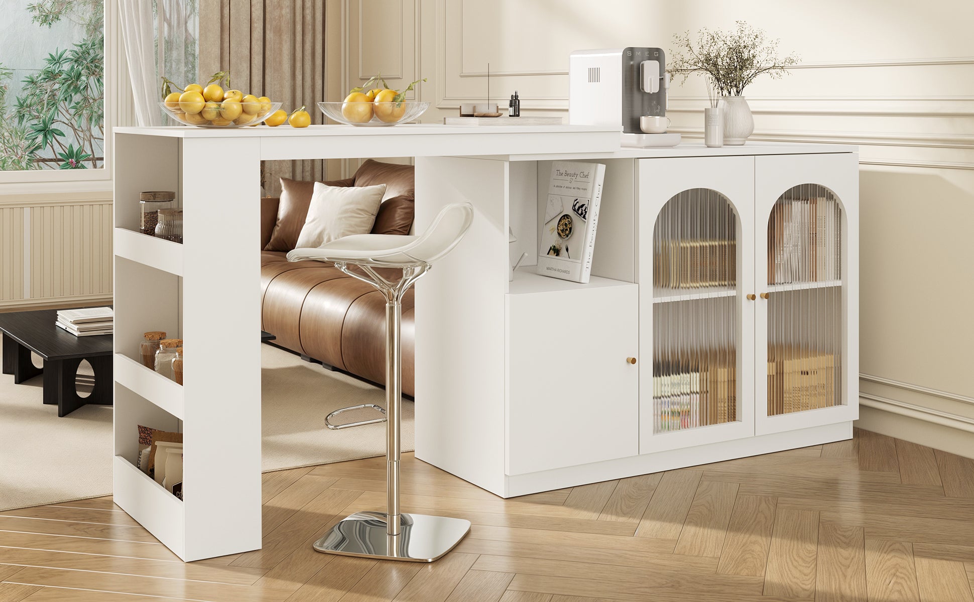360° rotating bar table (main body 120 x 40 x 97 cm), modern and simple white rotating dining and bar cabinet, multifunctional storage cabinet with glass door