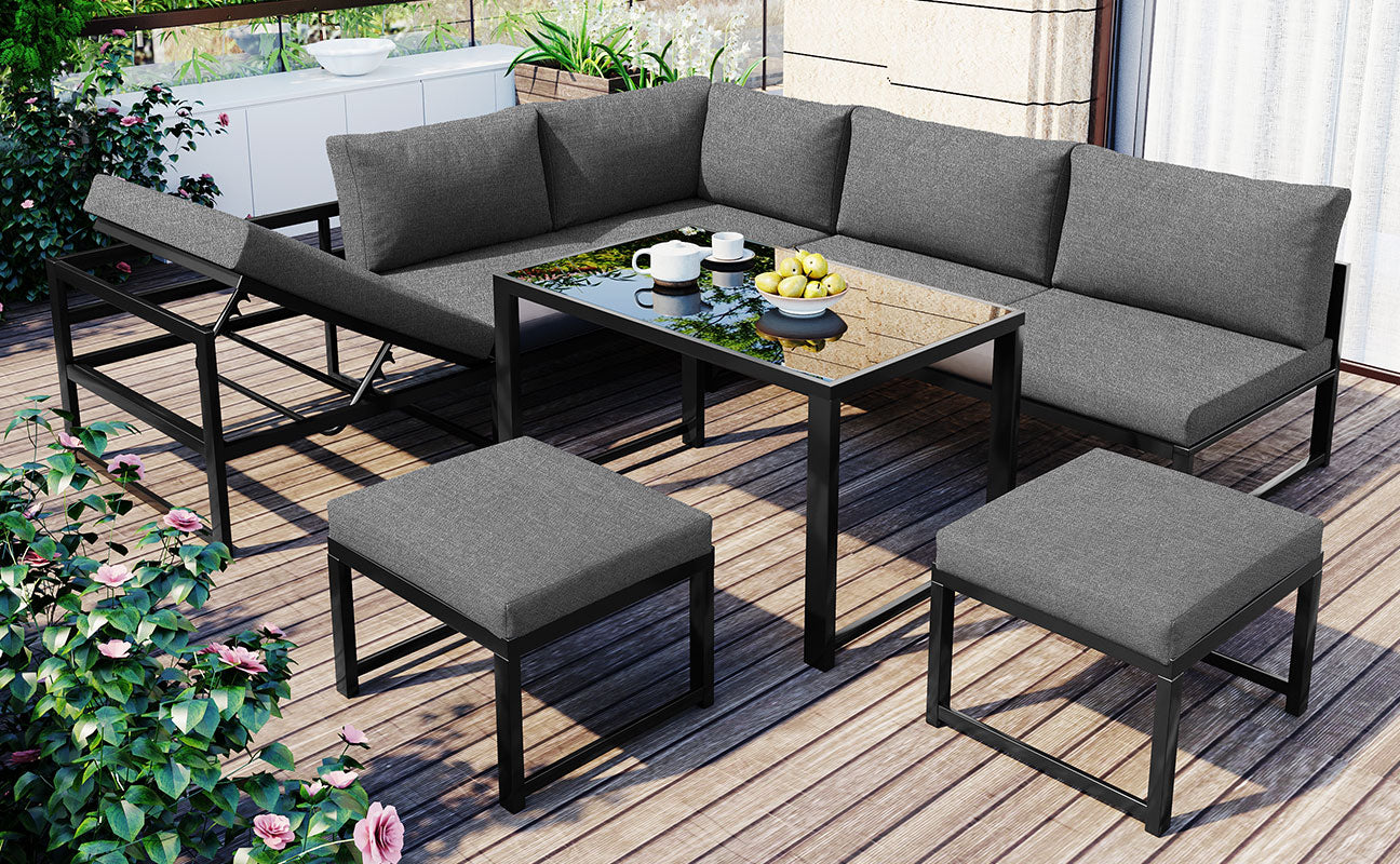Outdoor Garden Lounge Sofa Seating Set, Garden Balcony Furniture with Reclining Function, Backrest Adjustable in Four Directions, Includes All Soft Seat Cushions and Backrest, Grey
