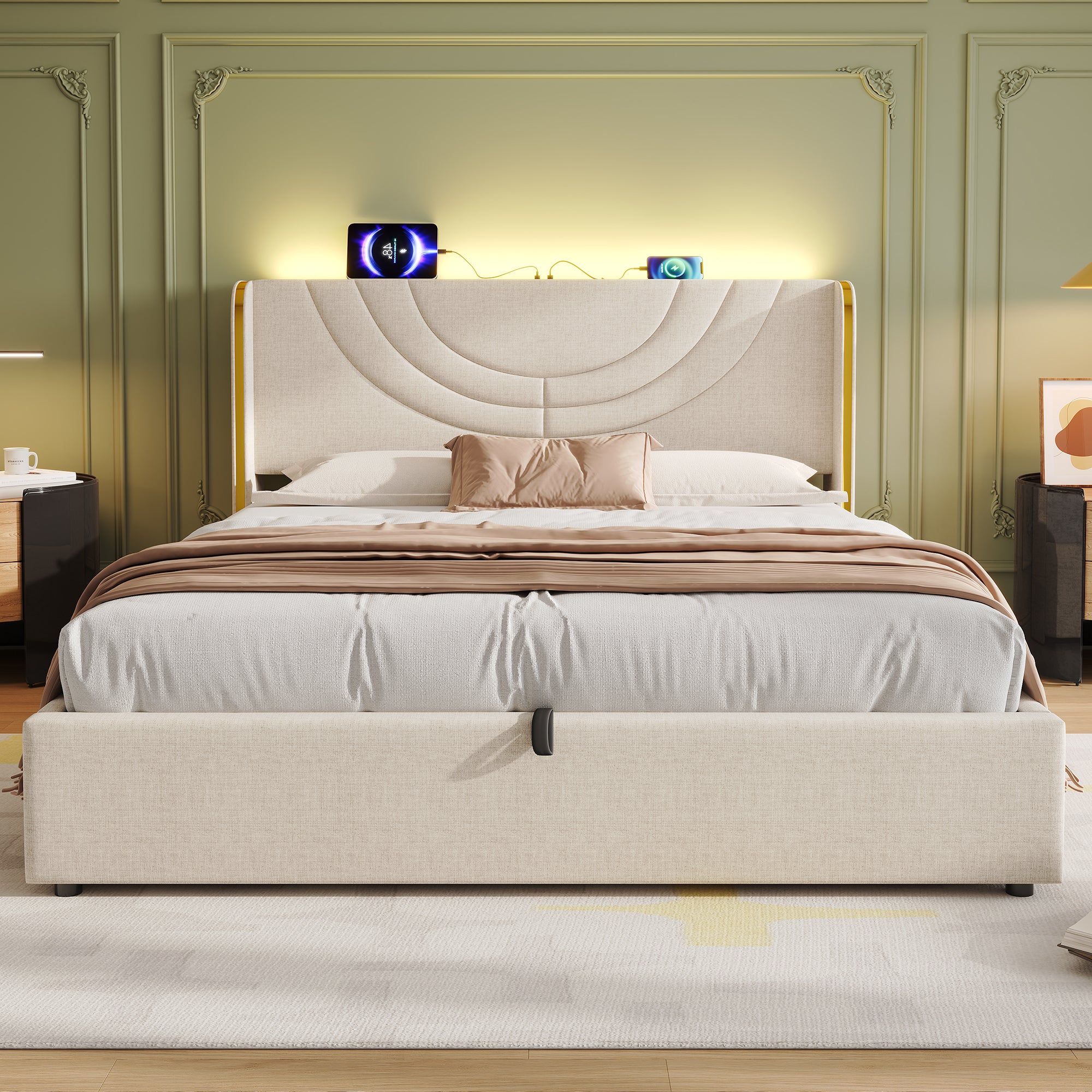 4ft6 Double Upholstered Bed Frame with Hydraulic Storage, LED Headboard with Charging Station and Chrome Trim, USB and Type-C Ports, Linen, No Box Spring Needed, Beige (No Mattress)