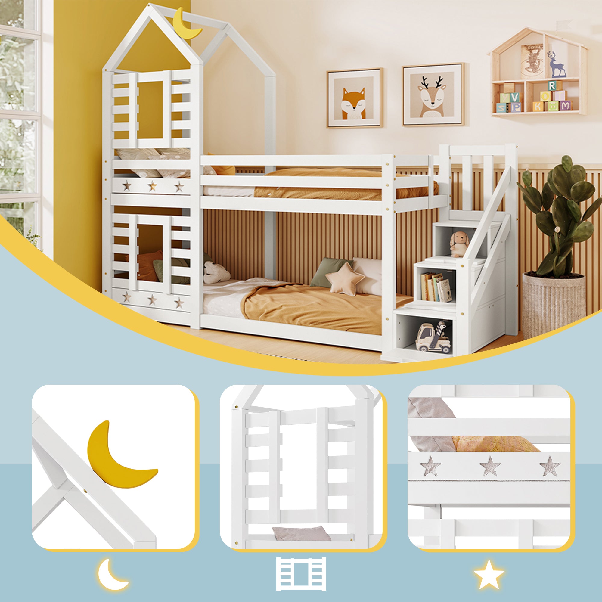 Bunk Bed Storage Children Cabin Bed Single Bed with Window for Kids, Twin Sleeper 190x90 cm, Solid Pine Wood,3FT -White(=SKU:TT30352678W)