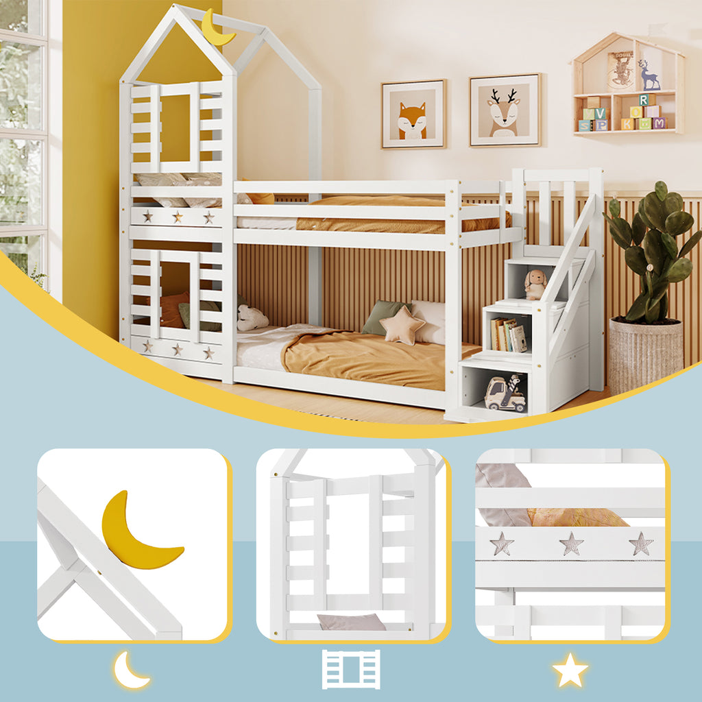 Bunk Bed Storage Children Cabin Bed Single Bed with Window for Kids, Twin Sleeper 190x90 cm, Solid Pine Wood,3FT -White(=SKU:TT30352678W)