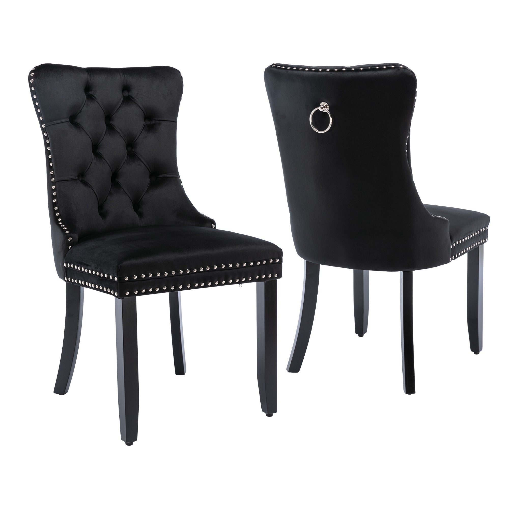 Modern Set of 4 Upholstered Velvet Dining Chairs, Button Tufted Kitchen Lounge Chairs with Solid Wood Legs, Riveted Trim and Knocker Ring, for Dining Room Living Room, Black
