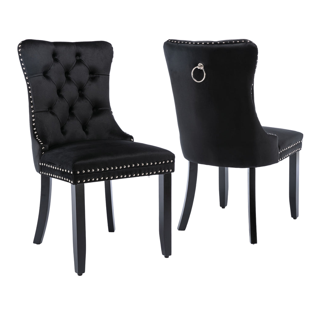 Modern Set of 2 Upholstered Velvet Dining Chairs, Button Tufted Kitchen Lounge Chairs with Solid Wood Legs, Riveted Trim and Knocker Ring, for Dining Room Living Room, Black