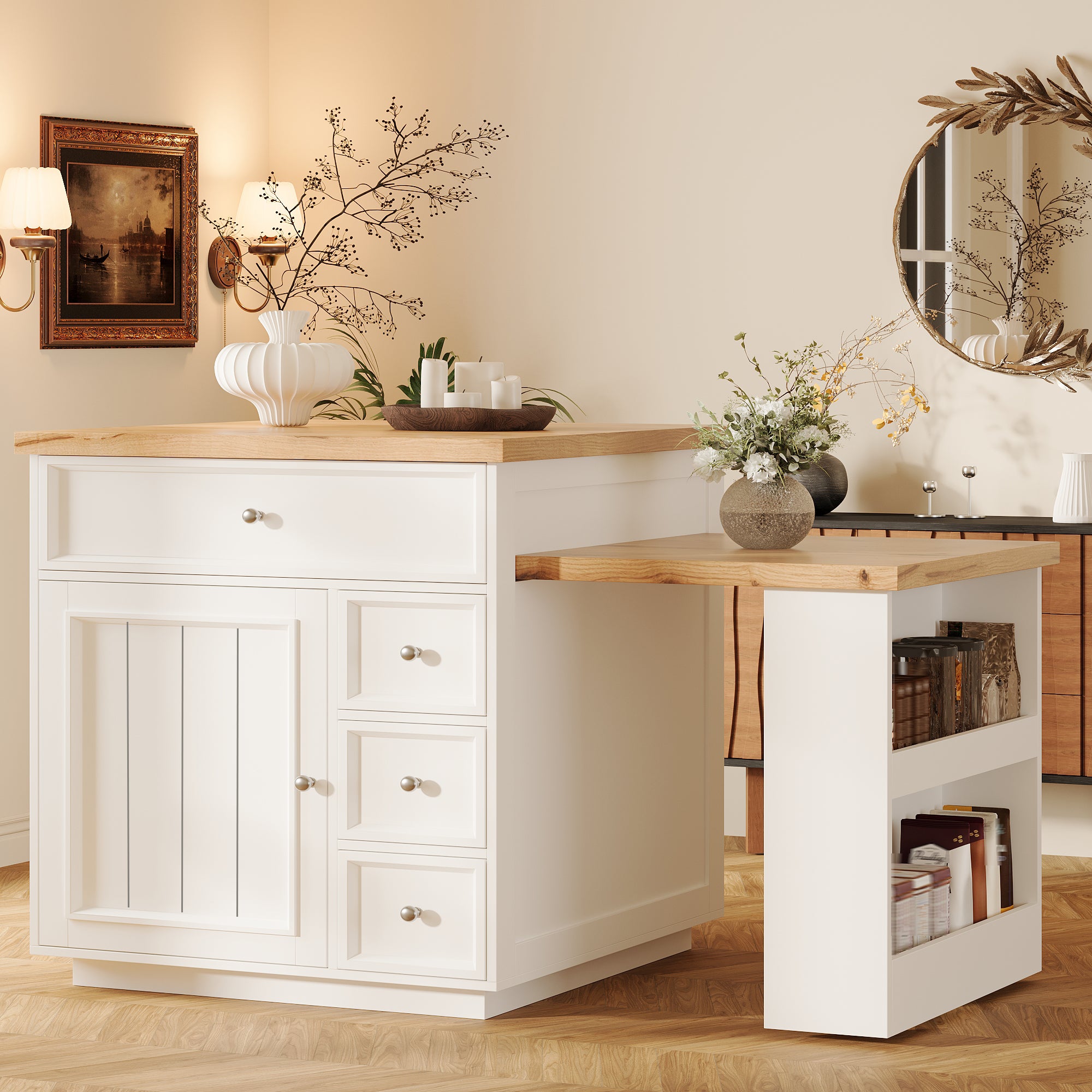 Extendable kitchen island (120-184 cm) with drawers and casters, mobile kitchen island with wood-look tabletop, versatile counter island for kitchen, dining room & bar counter, white/black