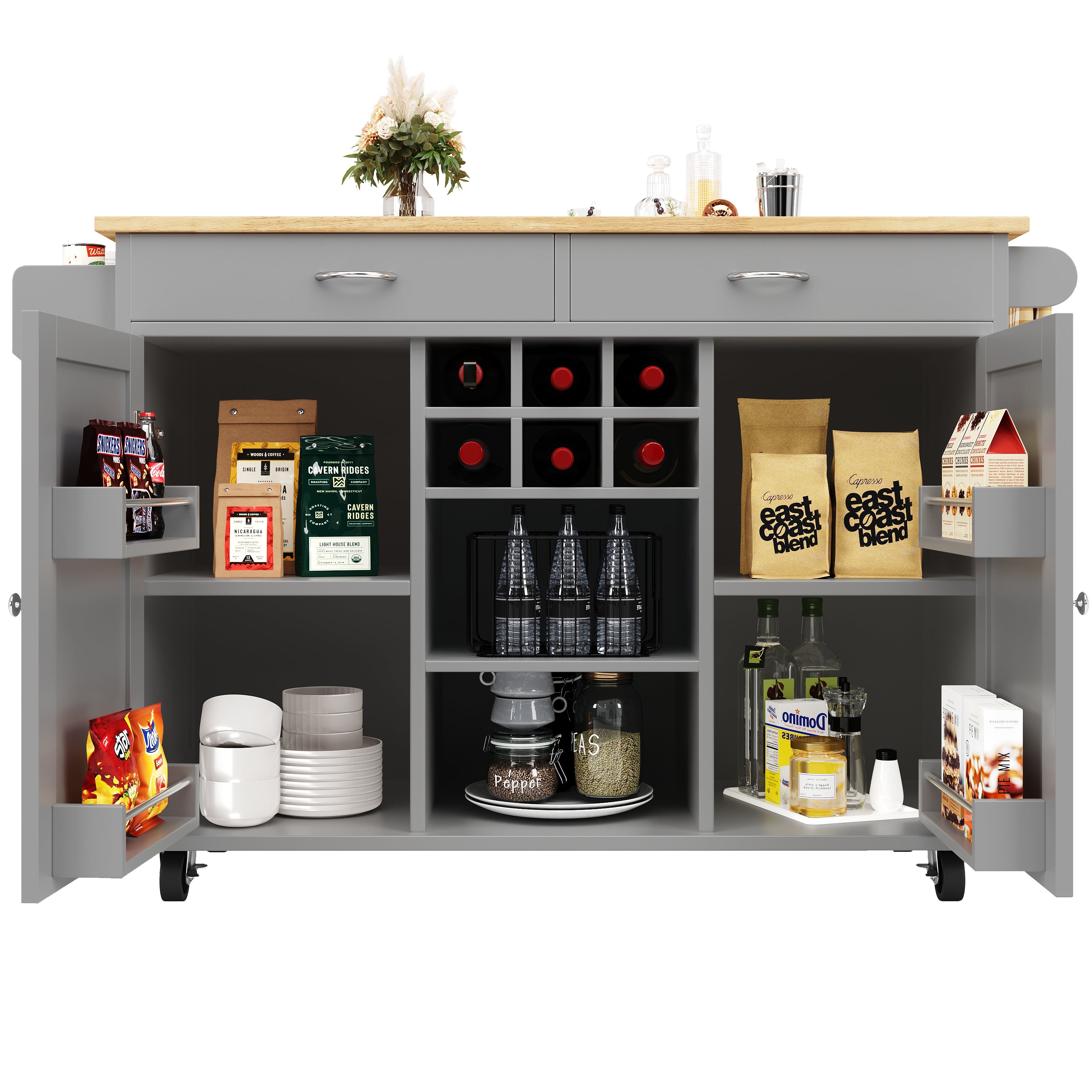 Modern Kitchen Island (102×45×92cm), Kitchen Cabinet, Sideboard, Serving Cart with Wood Grain, Sideboard, Multifunctional Dining Table with Storage, Gray