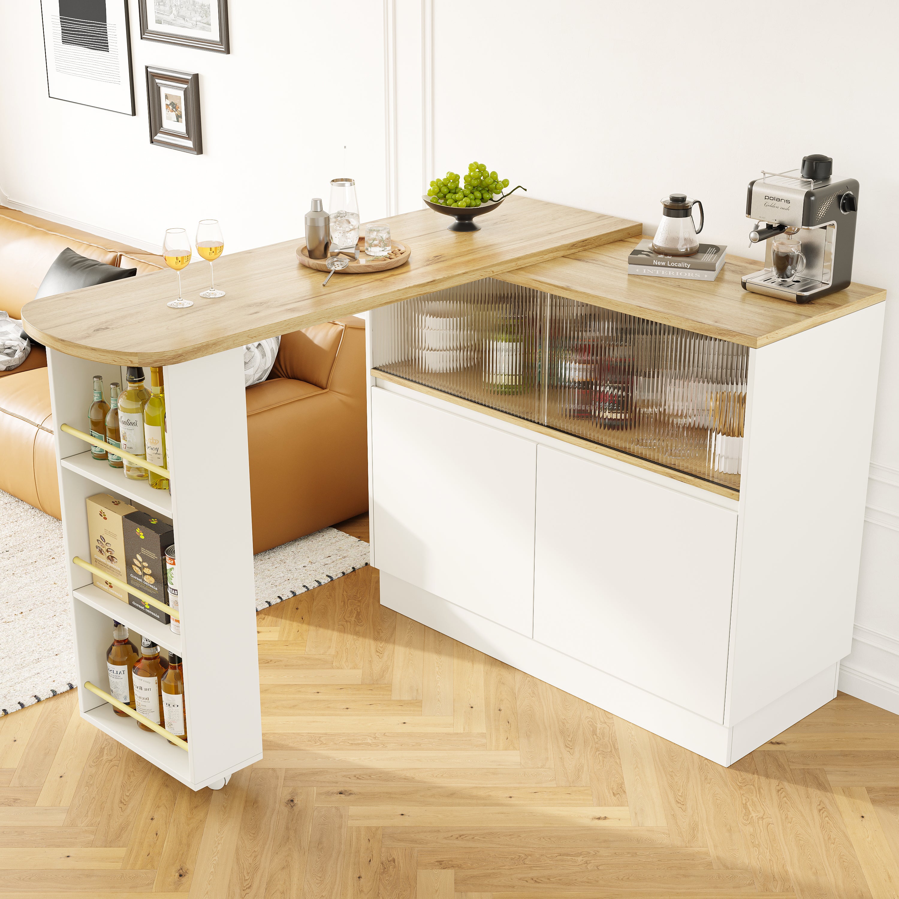 360° swivelling high table (main body 90 x 45 x 100 cm), white multifunctional swivelling sideboard with storage compartment, sliding glass door, suitable for kitchen/dining room