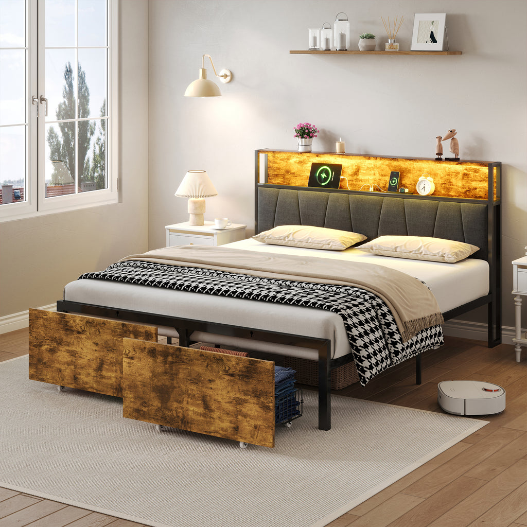 4ft6 Double Bed Frame with 2 Storage Drawers, RGB LED Storage Headboard with Charging Station, Metal Platform Bed Frame, No Box Spring Needed, Easy Assembly, Black+Walnut (No Mattress)