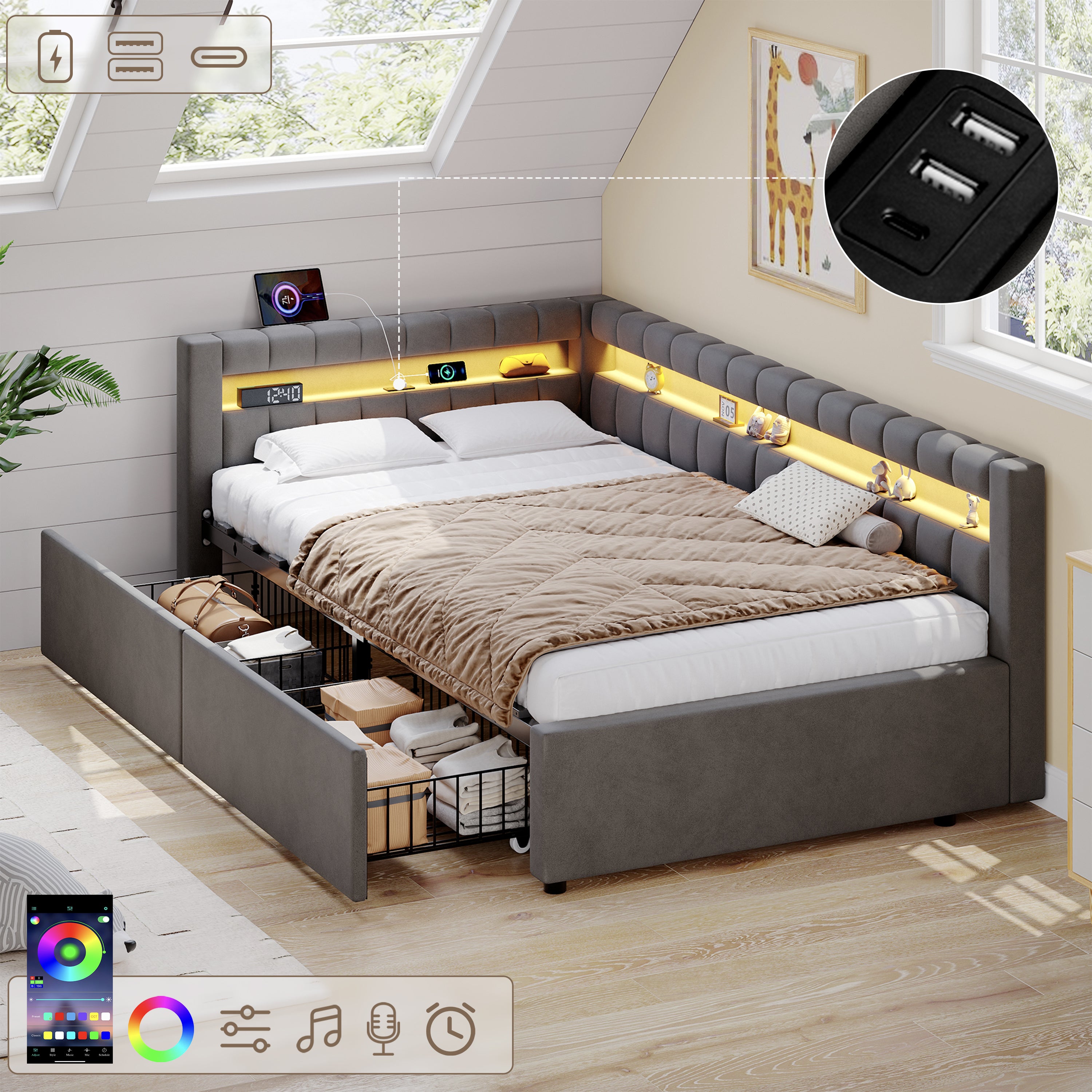 3ft Single Daybed with Two Storage Drawers, LED Modern Channel Tufted Bed Frame with Charging Station, Velvet Sofa Bed for Living Room/ Bedroom/ Study Room, 90X190cm, Easy Assembly, Grey(No Mattress)