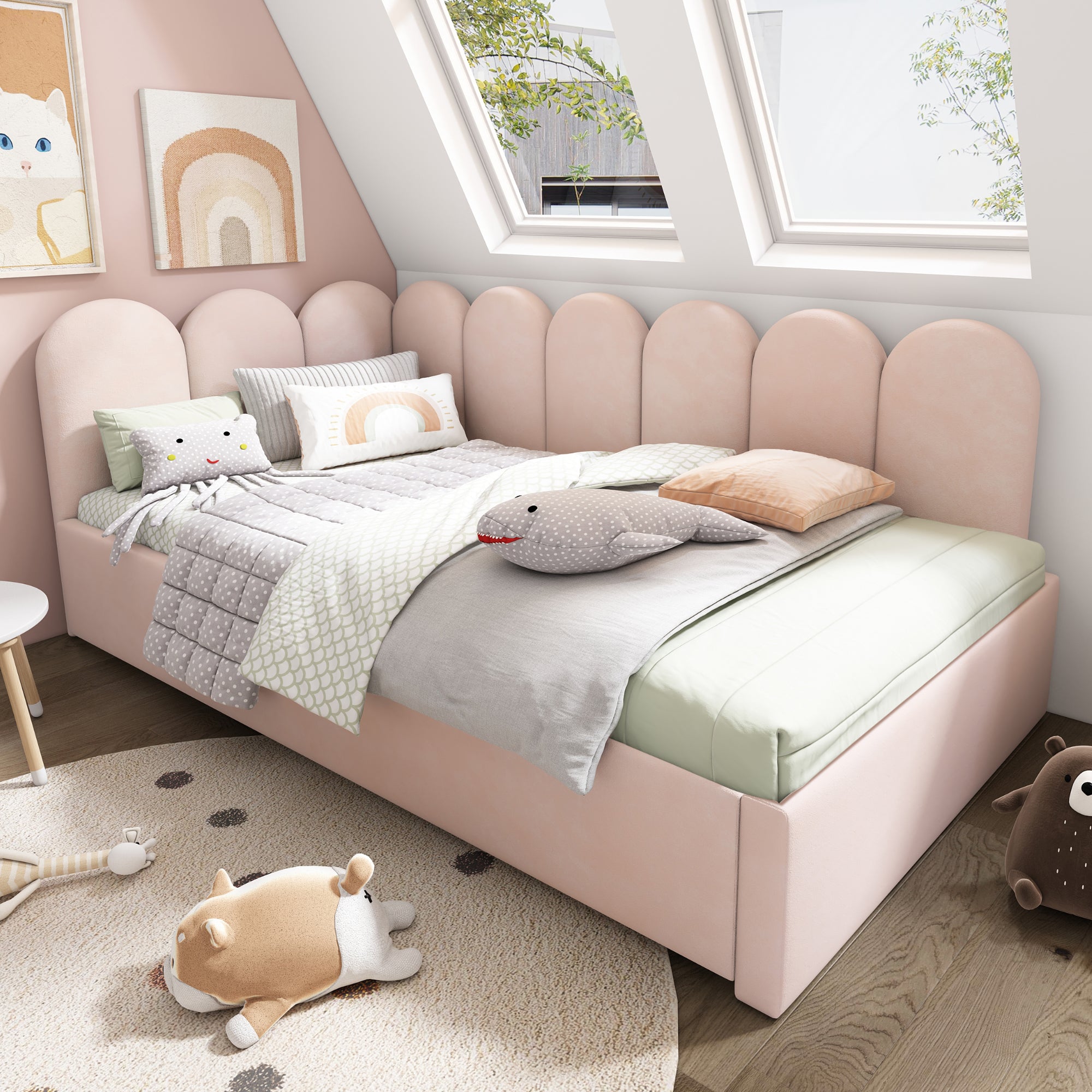Upholstered Bed Daybed With Pull-Out Bed, 3FT Single Sofa Bed 90X190Cm,Guest Beds For Adults and Children, Bed With Metal Slatted Frame, Velvet, Pink (No Mattress)