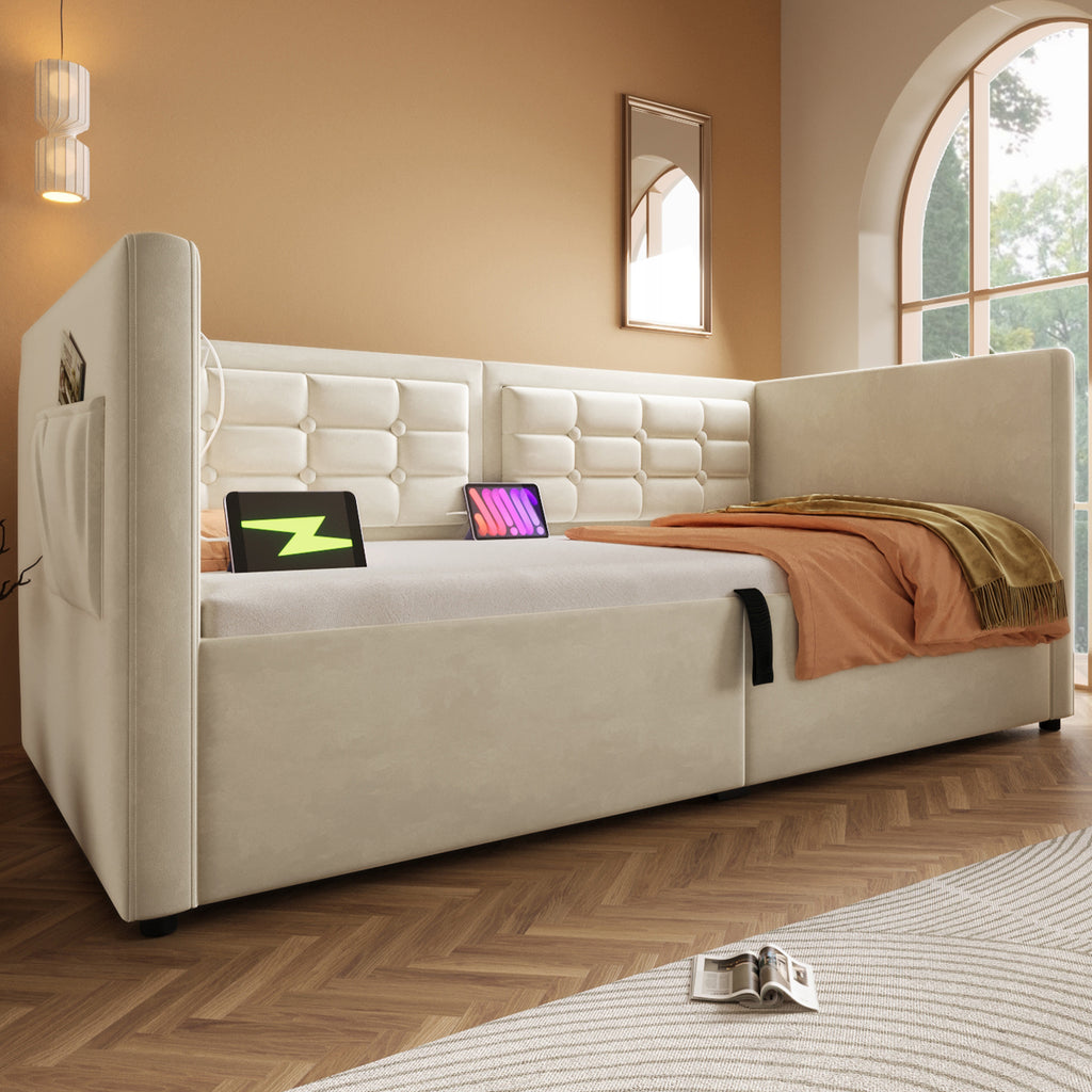 Daybed Upholstered Bed 90 x 190 cm, 3FT Single Sofa Bed with USB &Type-C Charging Station,  Hydraulic Storage Bed for Living Room and Bedroom, Velvet, Beige (No Mattress)