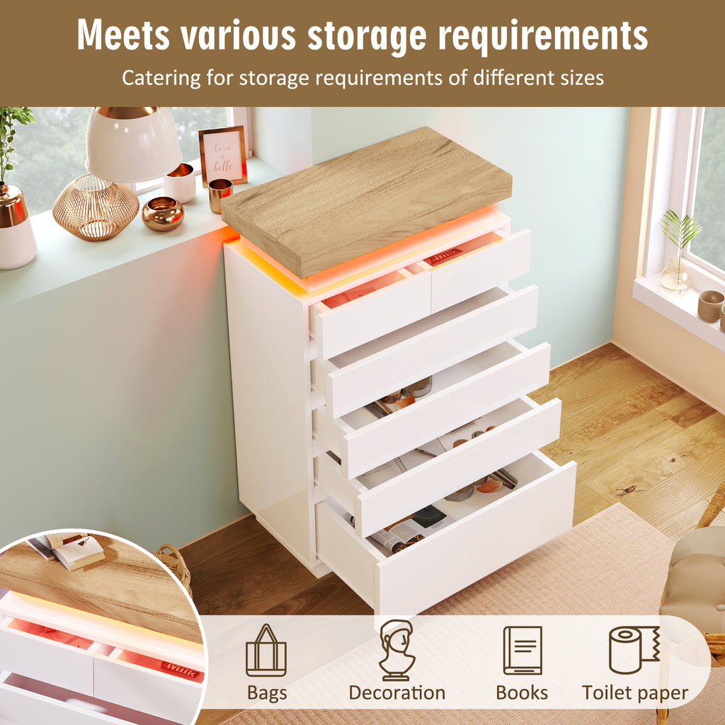 Chest of Drawers,High-gloss Sideboard Cabinet with 6 Drawers,Storage with RGB LED(App-controlled),Multi-purpose Cabinet for Living Room and Bedroom, 115 x 73 x 39 cm, White