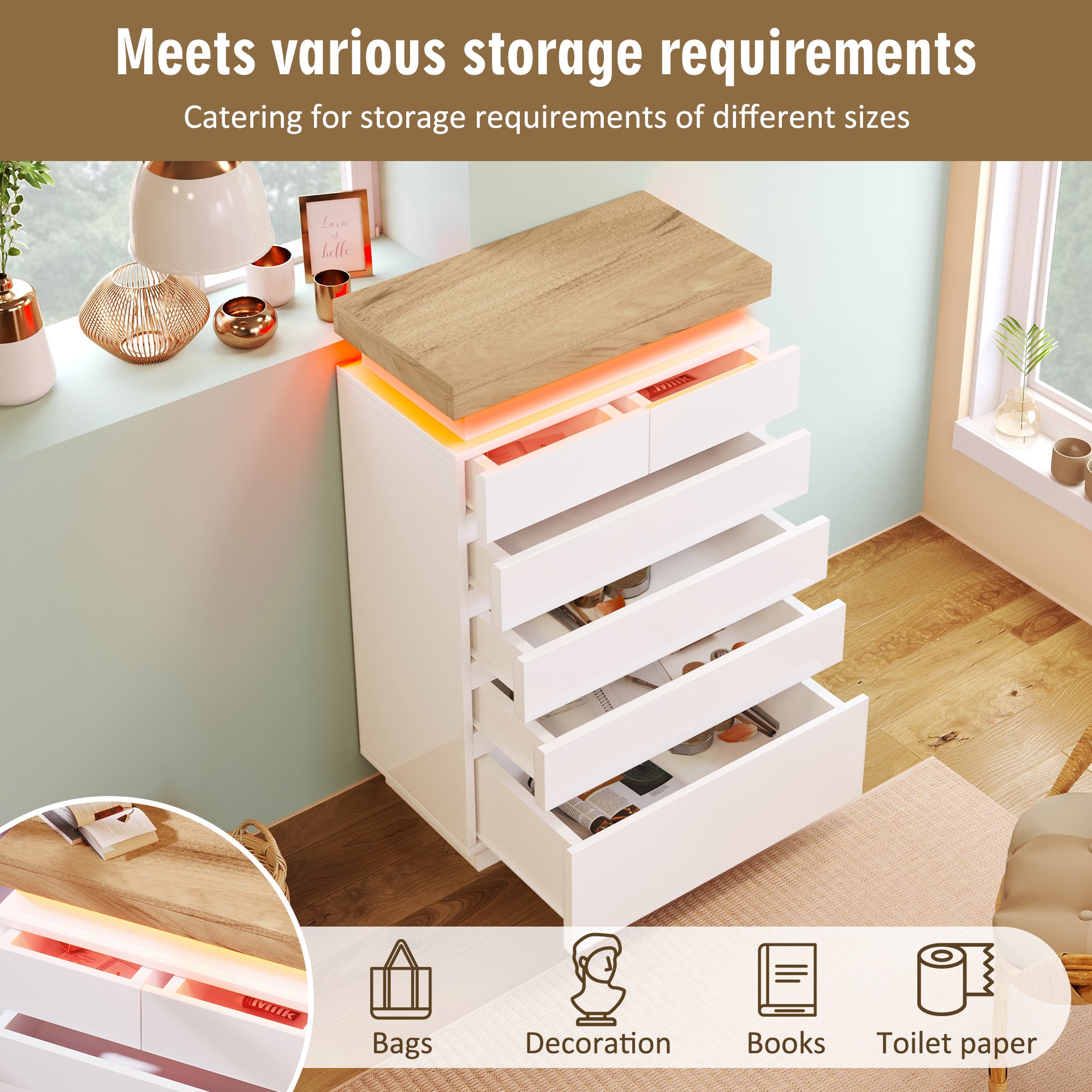 Chest of Drawers,High-gloss Sideboard Cabinet with 6 Drawers,Storage with RGB LED(App-controlled),Multi-purpose Cabinet for Living Room and Bedroom, 115 x 73 x 39 cm, White