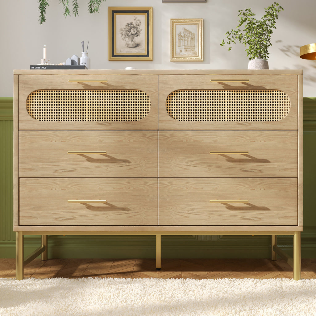 Rattan Sideboard Storage Cabinet with 6 Drawers,  Cupboard Sideboards for Living Room, Bedroom, and Hallway, Metal Handles, Anti-Tip, 120 x 40 x 74 cm, Oak