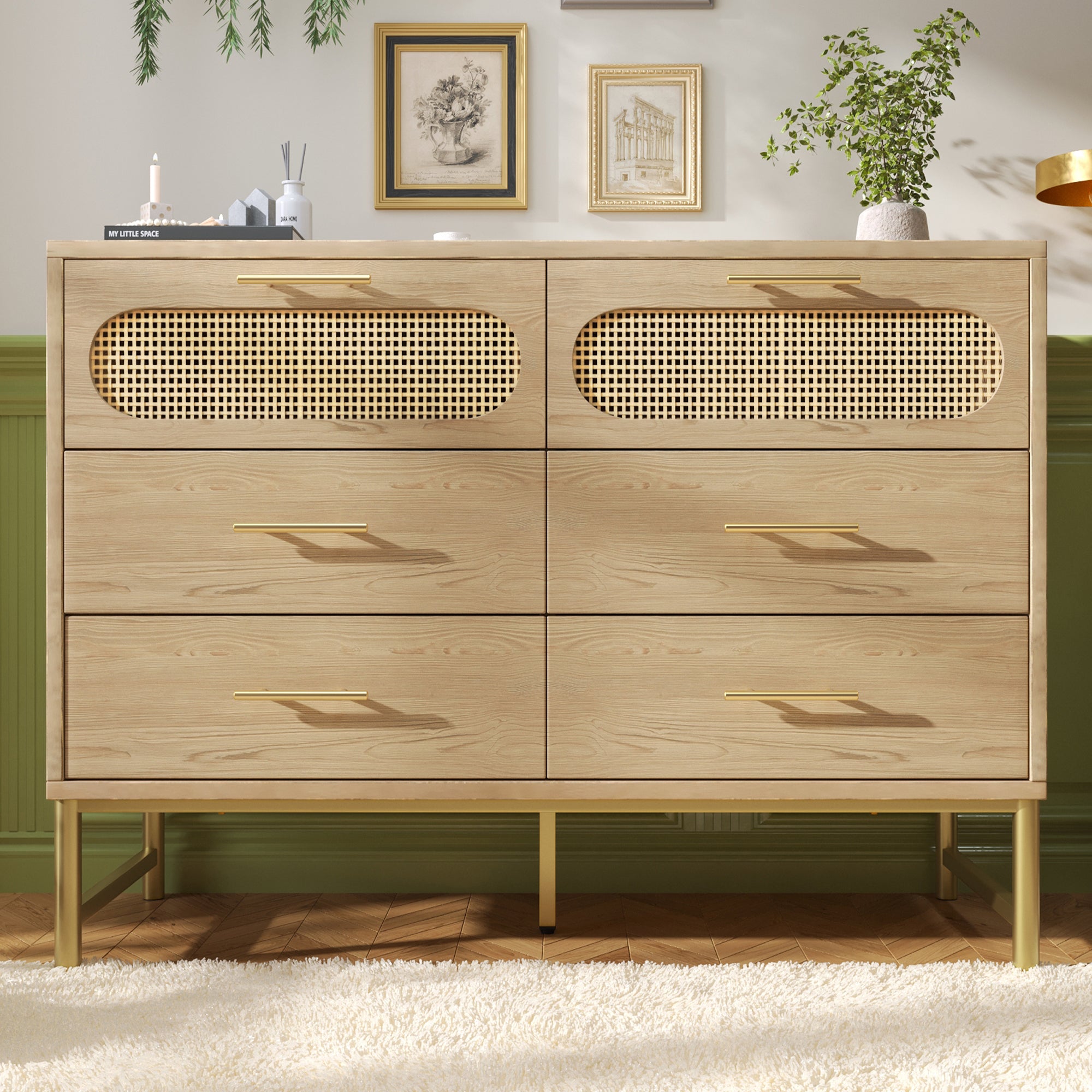 Rattan Sideboard Storage Cabinet with 6 Drawers,  Cupboard Sideboards for Living Room, Bedroom, and Hallway, Metal Handles, Anti-Tip, 120 x 40 x 74 cm, Oak