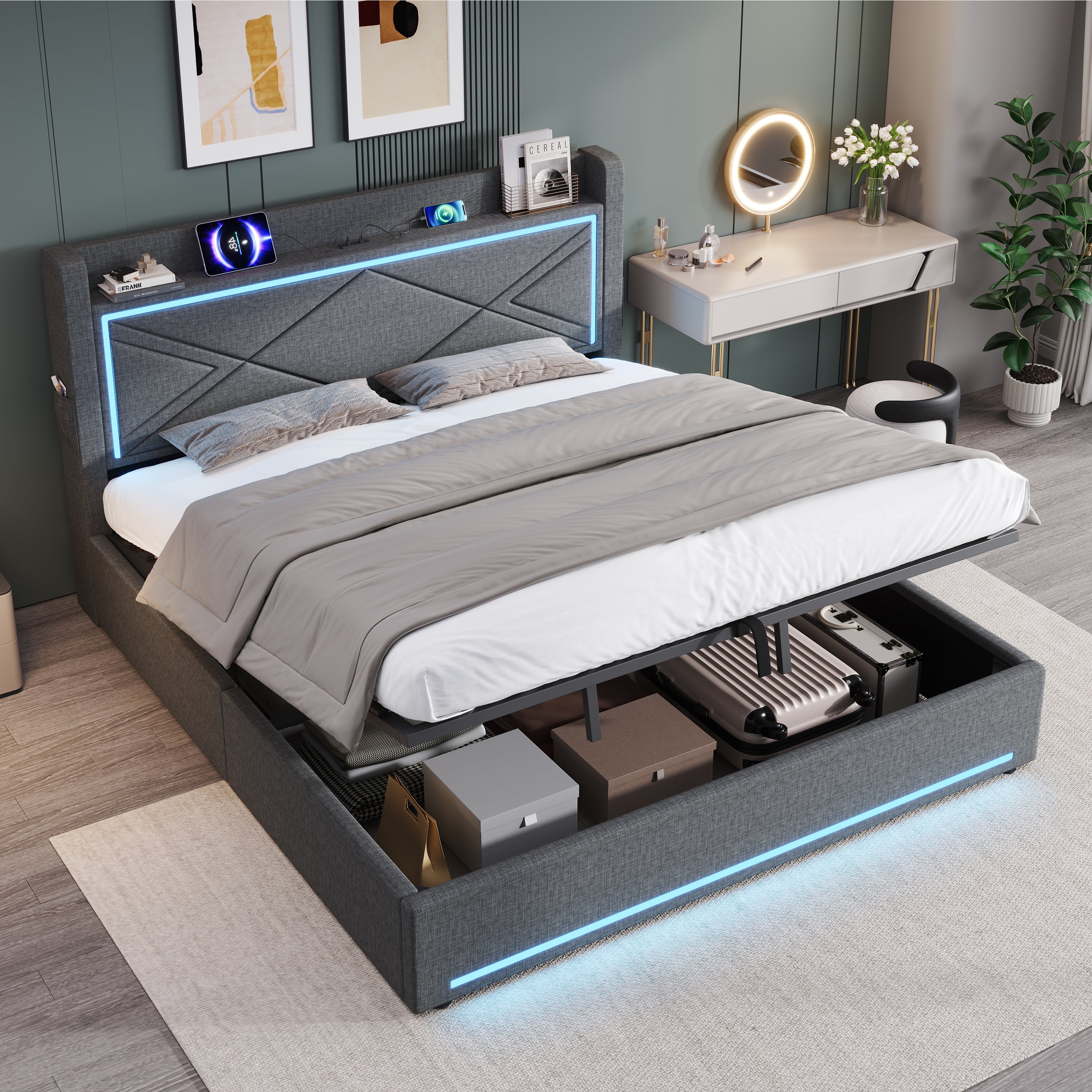 6ft Super King Upholstered Bed Frame with Hydraulic Storage,  Linen Ottoman Bed with LED Lighting and Charging Station, USB and Type - C Ports, No Box Spring Needed, Grey (No Mattress)