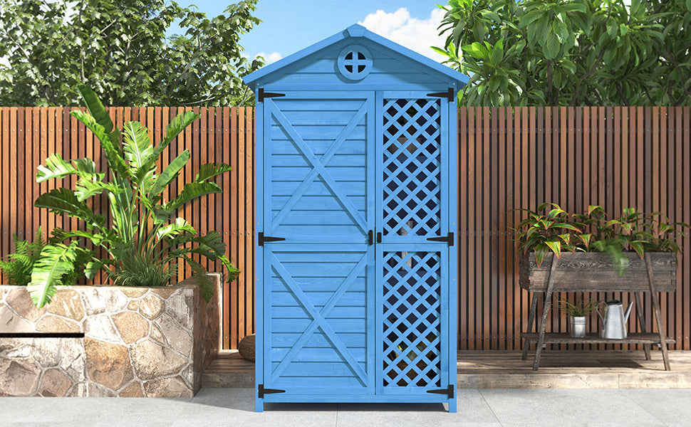 Outdoor Wood Garden Furniture Storage Shed, Tool House with Ventilation Slots for Backyard, Patio, Fade Free, All Weather Resistant, Safe and Secure, Zero Maintenance, Blue