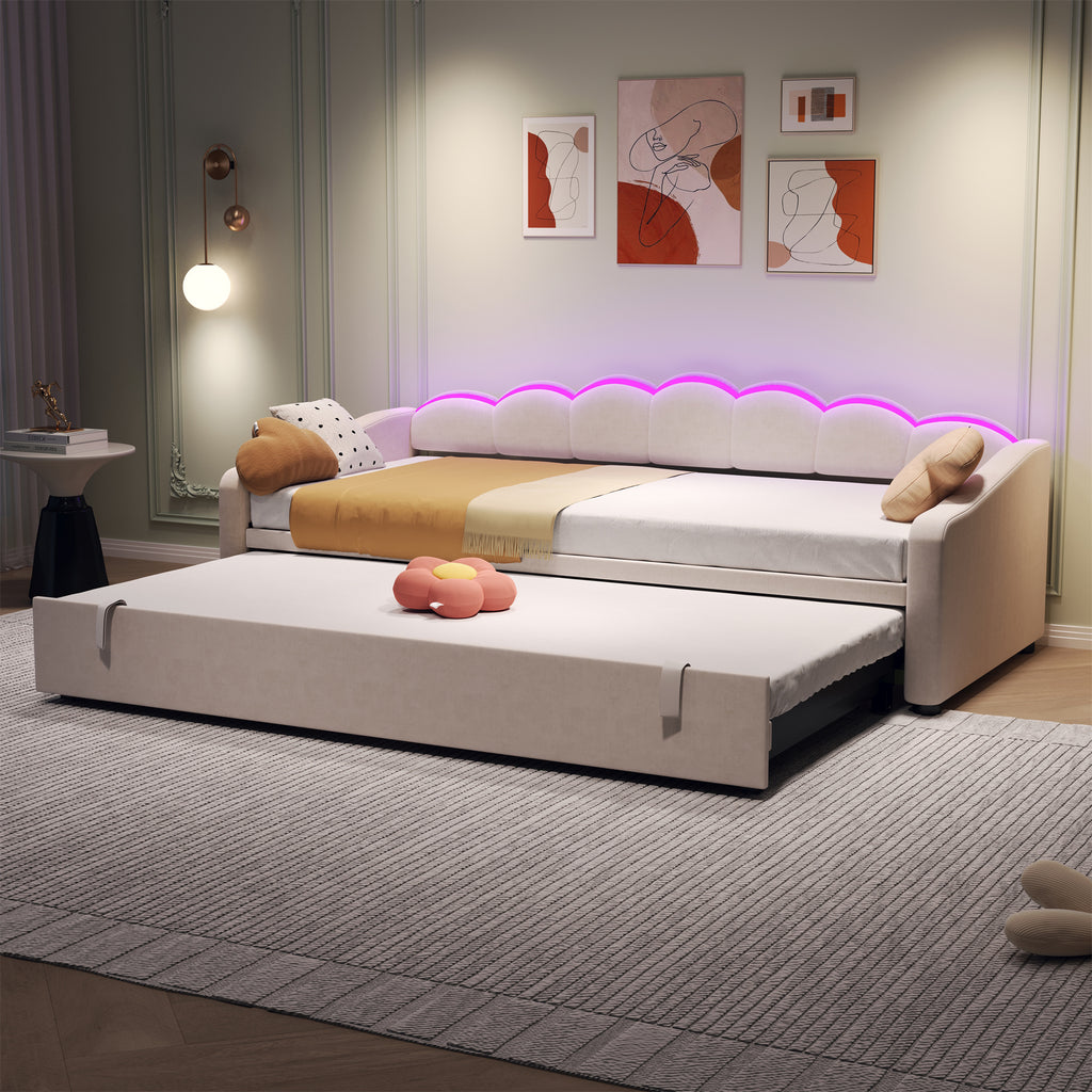 Upholstered Bed 90x190cm, Daybed, Sofa Bed with RGB LED Lighting, 3ft Petal Shape Single Bed with Trundle,Pull out Trundle Bed for Living Room/ Bedroom/ Study Room, Velvet, Beige (No Mattress)