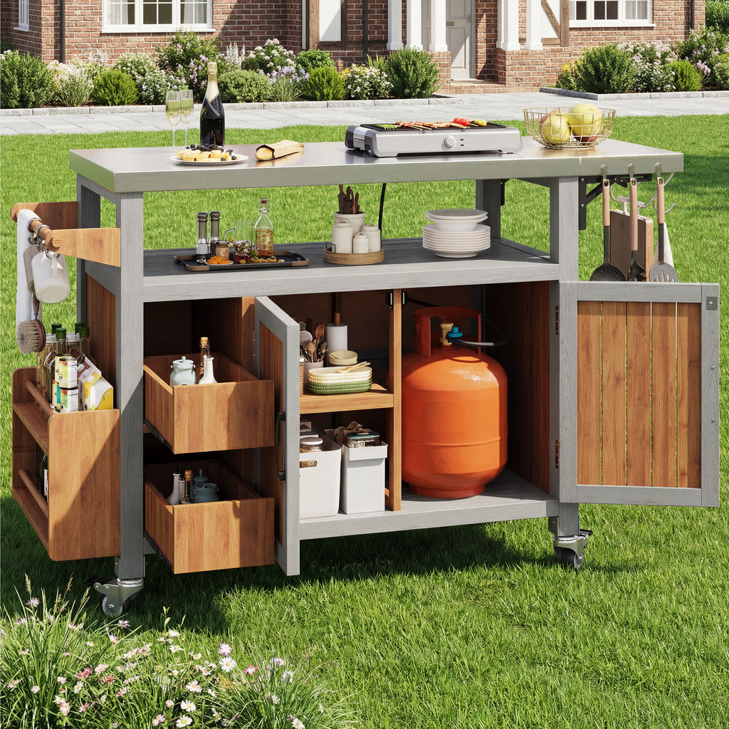 BBQ side table, mobile garden cabinet, weatherproof, stainless steel worktop, outdoor sideboard, serving trolley with pull-out side shelf, 3 hooks, shelf for snacks and spices, solid wood
