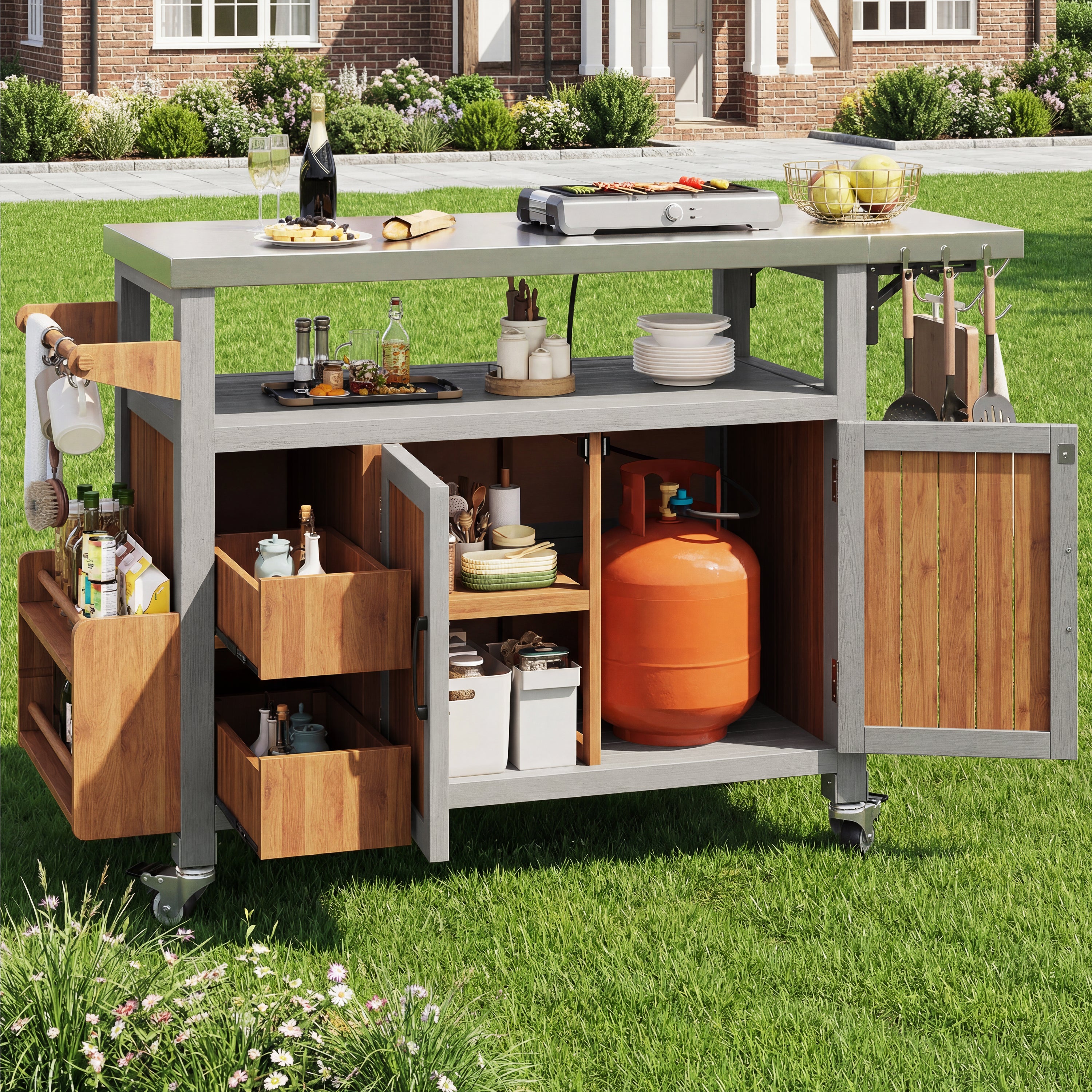 BBQ side table, mobile garden cabinet, weatherproof, stainless steel worktop, outdoor sideboard, serving trolley with pull-out side shelf, 3 hooks, shelf for snacks and spices, solid wood