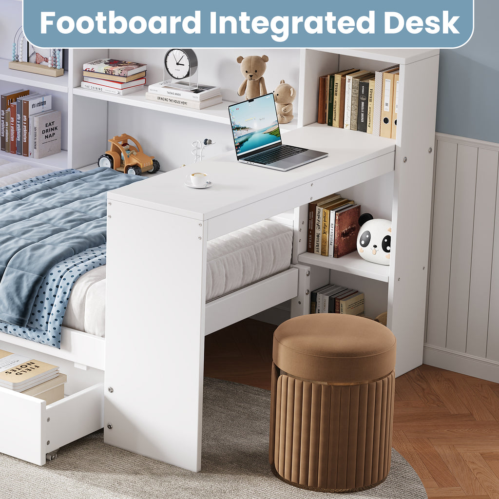 3ft Single L-Shape Daybed with Storage Drawers and Bookcase Storage, LED Linen Concealed Headboard Storage with Charging Station, Wood Bed for Living Room/ Bedroom/ Study Room, White (No Mattress)