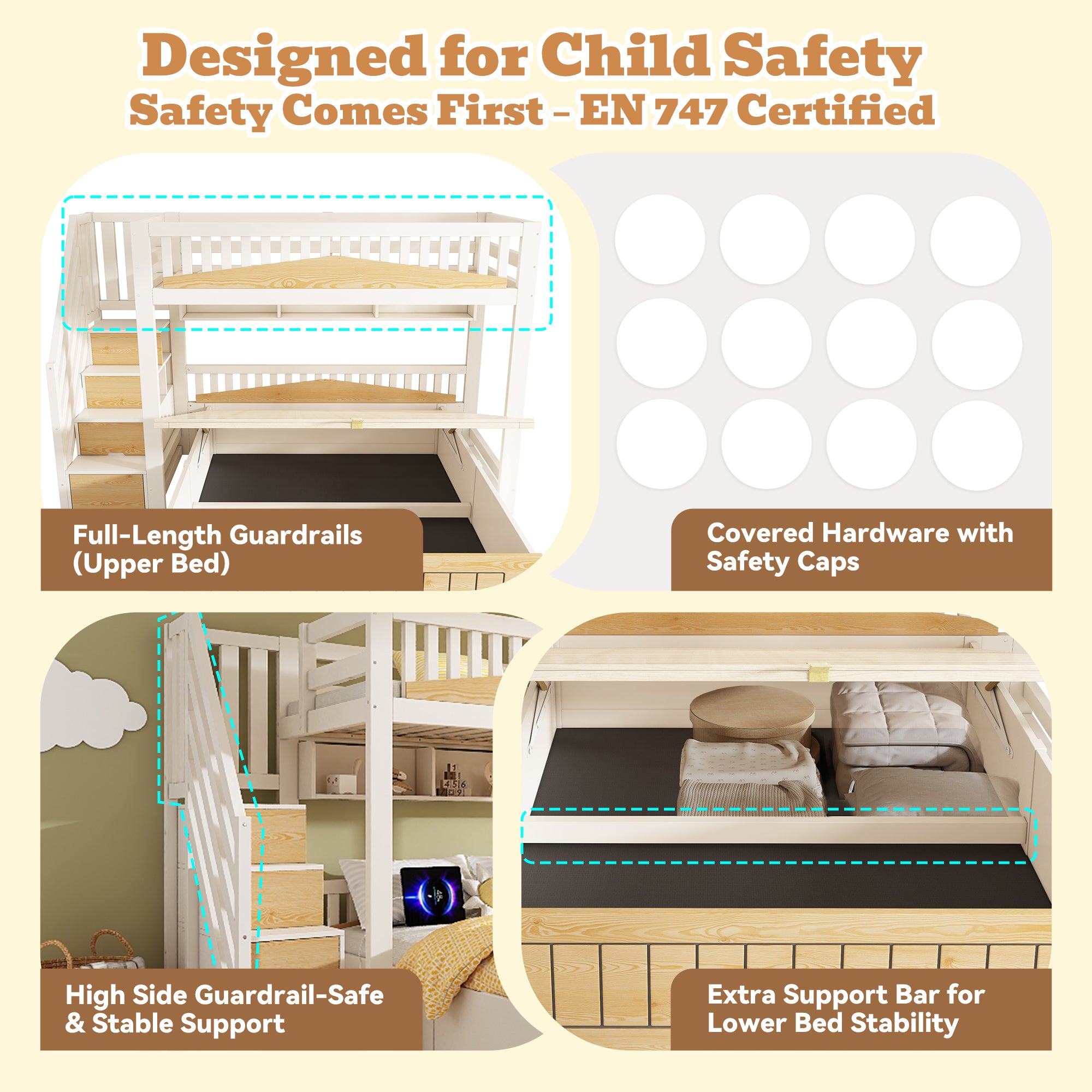 Offset Bunk Beds for Kids, Staircase Bunk with Hydraulic Storage & USB Charging, Children's Bed Double Bed for Family with Multiple Children, (90+135) x 190 cm, White & Natural