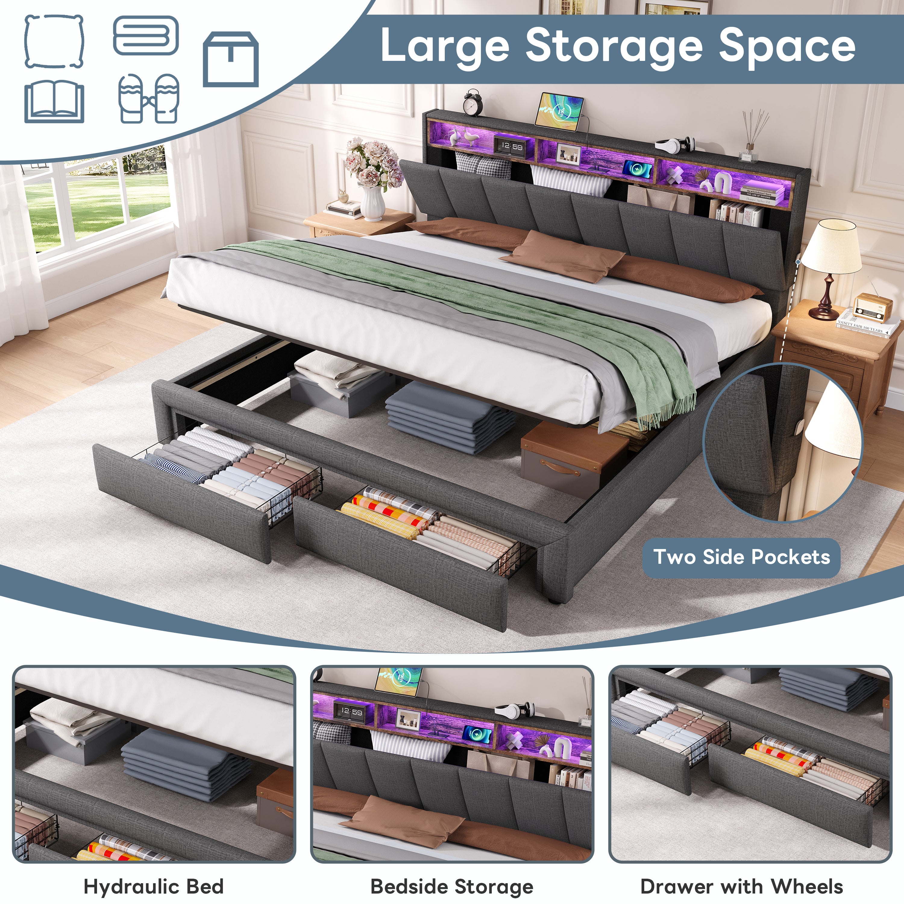 6ft Super King Upholstered Bed Frame with Hydraulic and Drawers Storage, LED Adjustable Headboard with Charging Station and Concealed Headboard Storage, Linen, No Box Spring Needed, Grey (No Mattress)