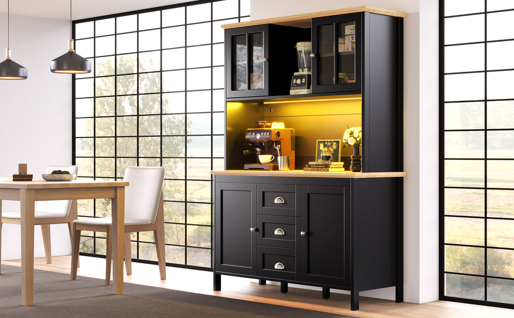 Sideboard, Storage Cabinet, Kitchen Cabinet, Tall Sideboard with LED Lighting, 120x40x179 cm, 4 Doors & 3 Drawers, White/Black
