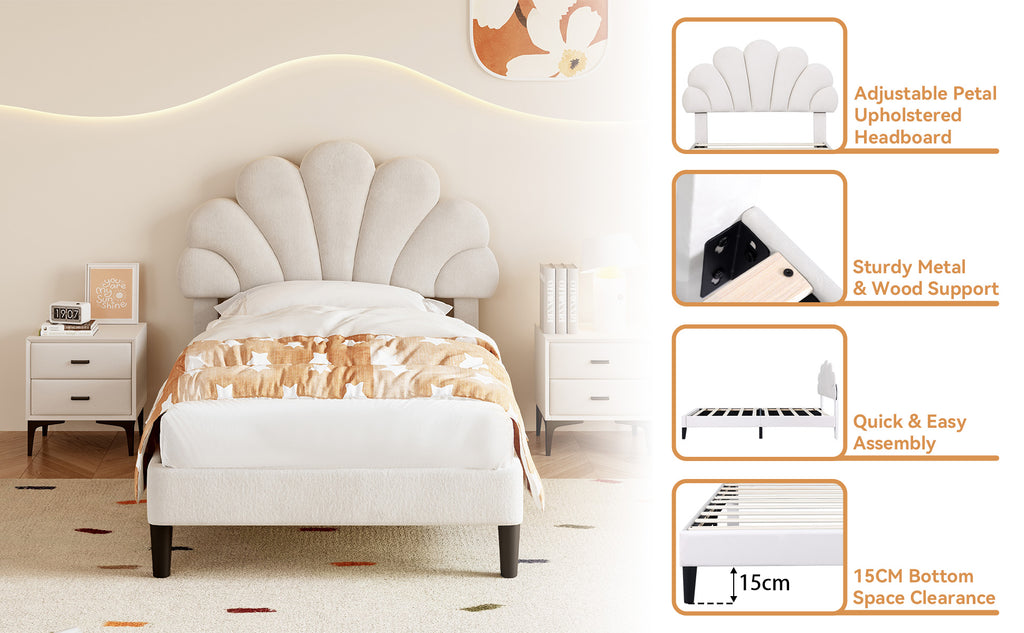 3ft Single Upholstered Velvet Bed Frame, with Adjustable Chic Petal Headboard, Velvet Platform Bed Frame with Solid Wood Slat, No Box Spring Needed, Easy Assembly, Beige