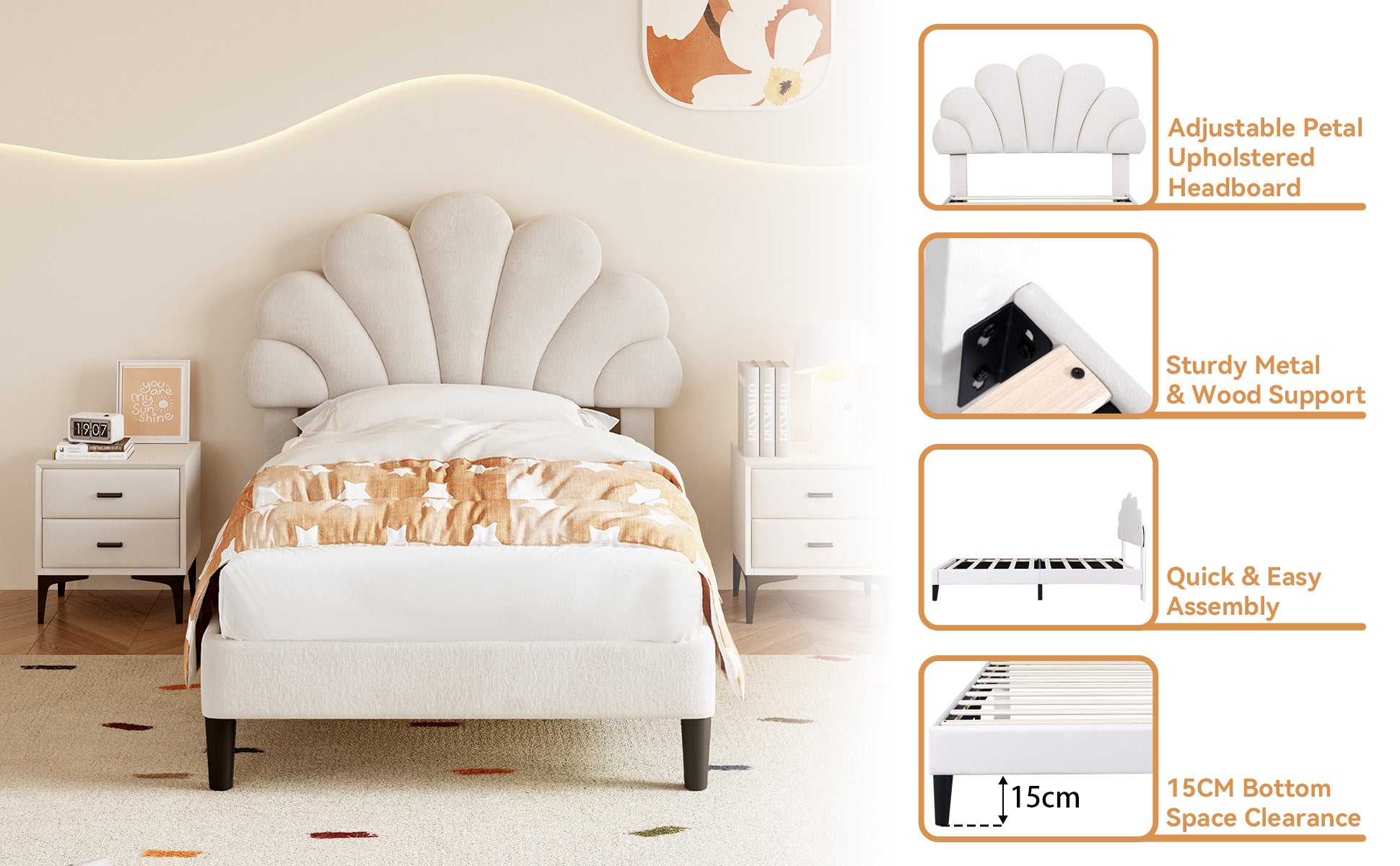3ft Single Upholstered Velvet Bed Frame, with Adjustable Chic Petal Headboard, Velvet Platform Bed Frame with Solid Wood Slat, No Box Spring Needed, Easy Assembly, Beige