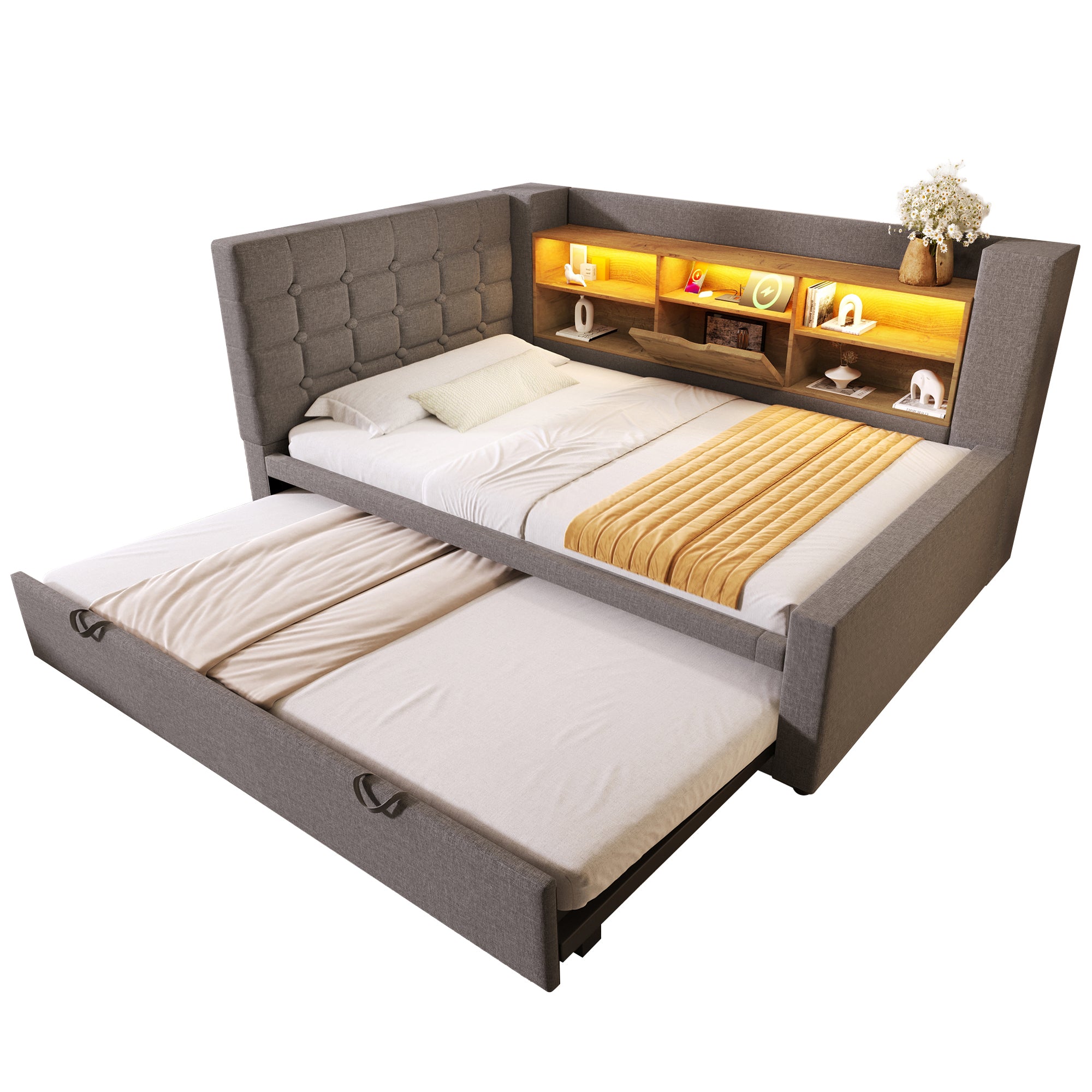 (=TT20572324G) Daybed Upholstered Bed 90 x 190 cm, 3FT Single Sofa Bed with Storage, USB &Type-C Charging Station, Pull out Trundle for Living Room and Bedroom, Linen, Grey (No Mattress)