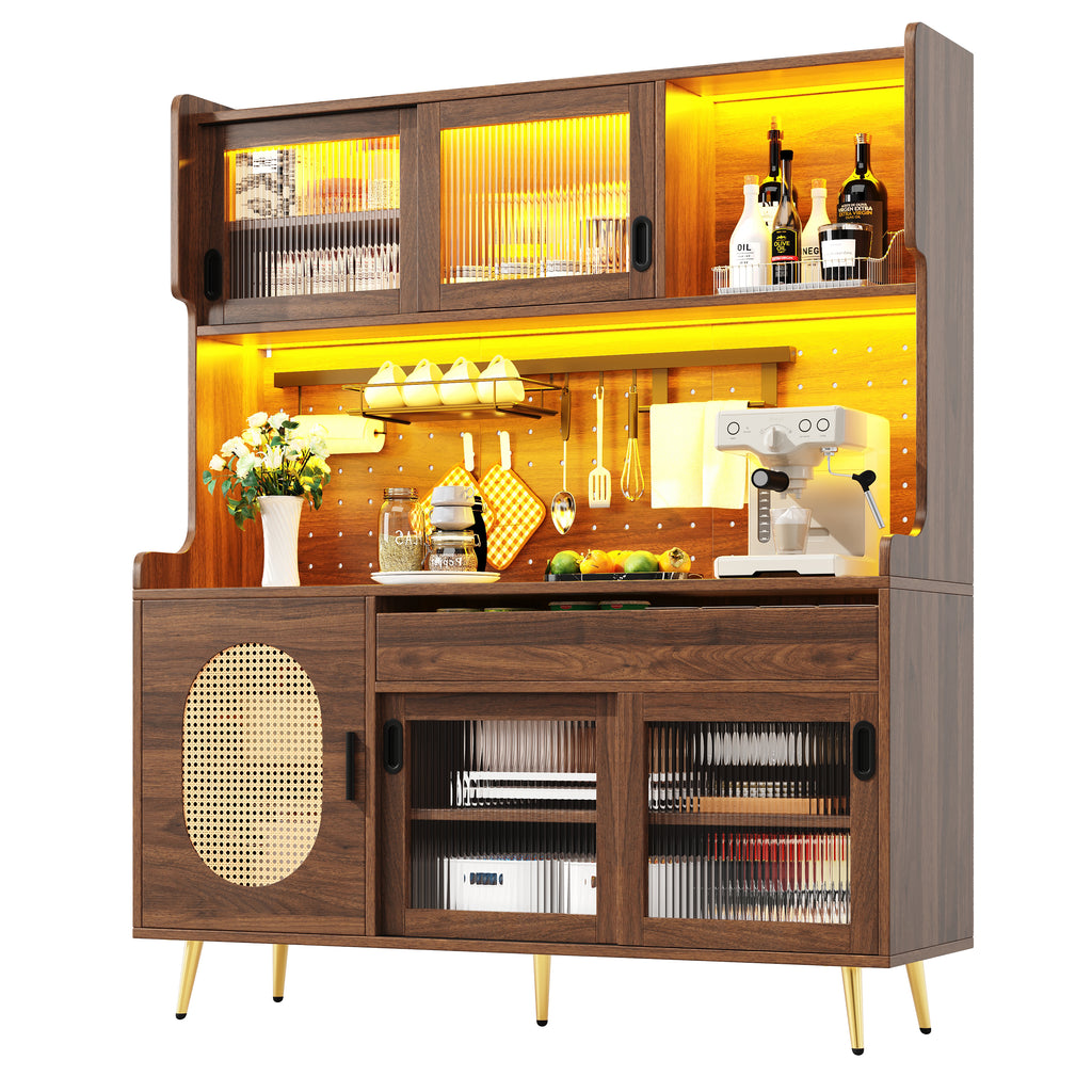 Sideboard / Storage Cabinet / Kitchen Cabinet / Buffet, 145x39x171cm, Country Style, 5 Doors, with LED Light Strip & Pegboard, Fluted Glass Doors, Brown/Black