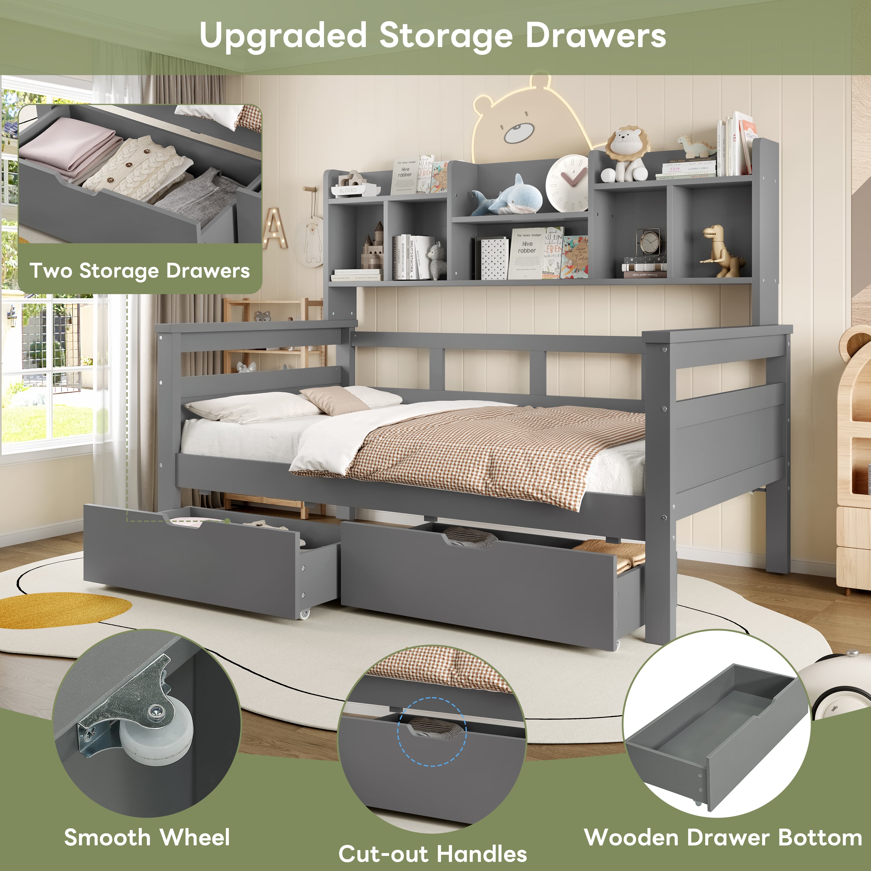 3ft Single Beds for Kids with Two Storage Drawers and Bookcase headboard, Wooden Bed Frame with Storage and Guardrail, Space-Saving Design for Bedroom, Dorm and Study Room, Grey (No Mattress)