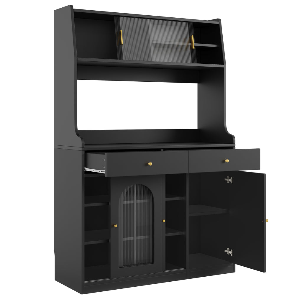 Kitchen Cabinet(120*40*180cm), Tall Cabinet, Display Cabinet, Buffet Cabinet with Adjustable Shelves, Dining Room Cabinet with 2 Drawers, Sideboard with LED Lighting, Variable Light Colors, Black