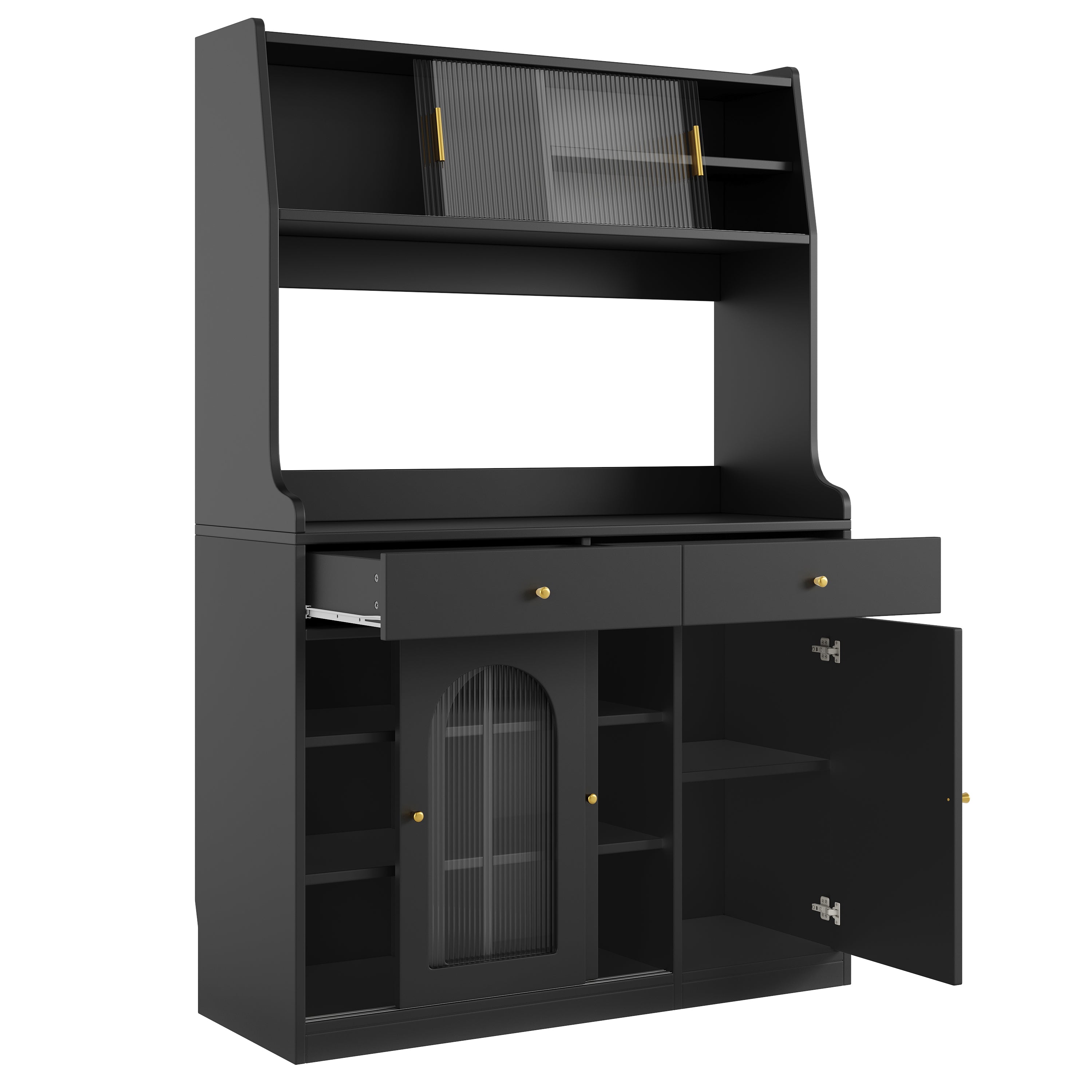 Kitchen Cabinet(120*40*180cm), Tall Cabinet, Display Cabinet, Buffet Cabinet with Adjustable Shelves, Dining Room Cabinet with 2 Drawers, Sideboard with LED Lighting, Variable Light Colors, Black