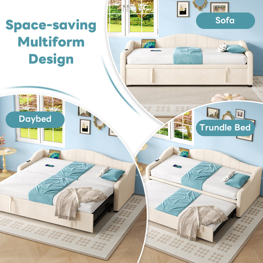 Upholstered Bed 90x190cm, Daybed, Sofa Bed with Charging Station, 3ft Single Velvet Bed with USB and Type - C Ports, Pull out Trundle Bed for Living Room/ Bedroom/ Study Room, Beige (No Mattress)
