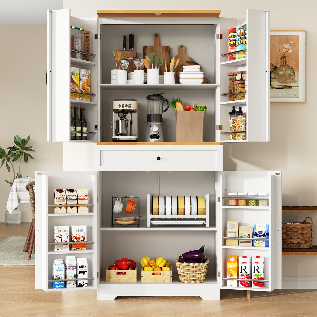 Snack cabinet, kitchen cabinet (80 x 40 x 180 cm), tall kitchen sideboard, storage sideboard, kitchen sideboard with door frame, white, suitable for living room, kitchen, dining room