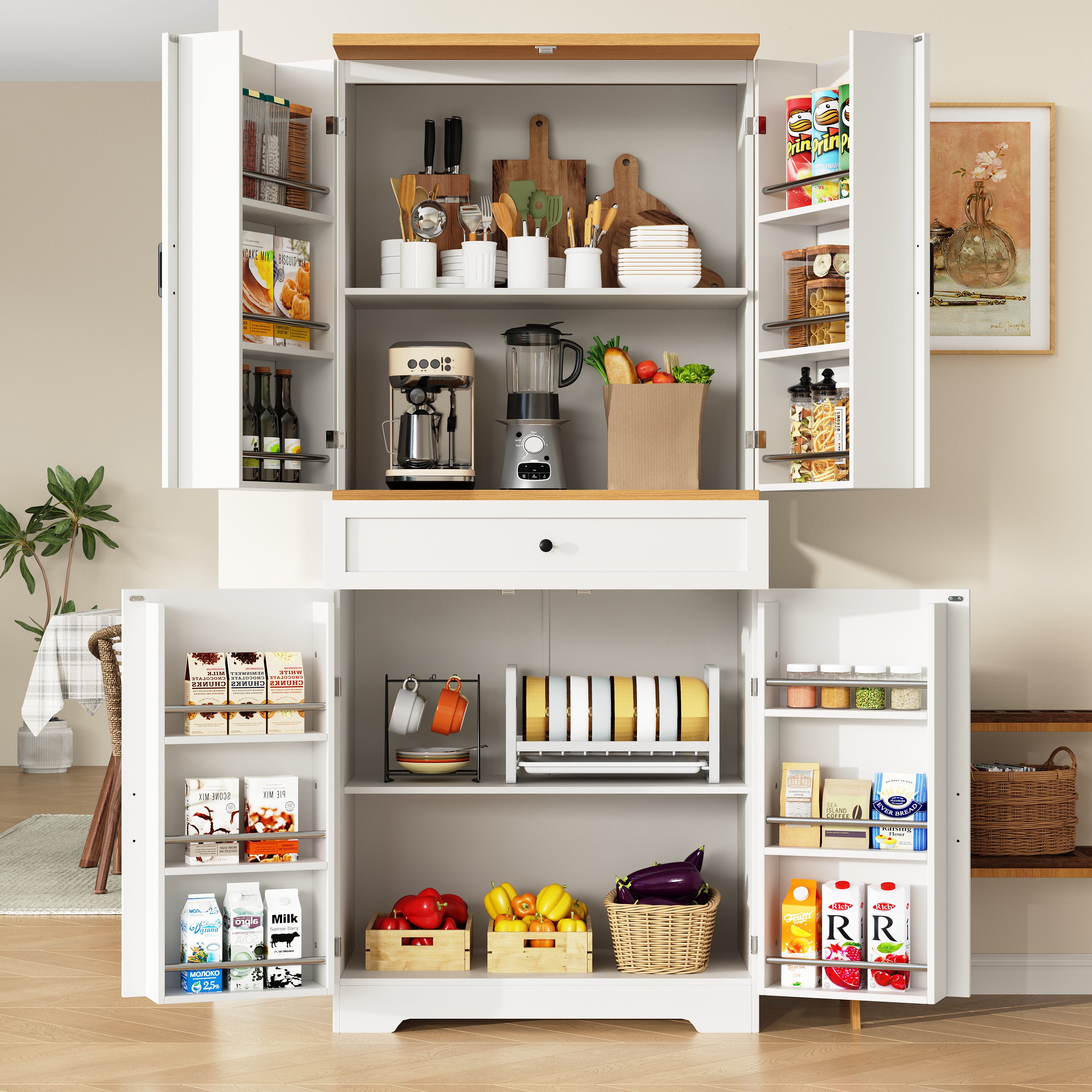 Snack cabinet, kitchen cabinet (80 x 40 x 180 cm), tall kitchen sideboard, storage sideboard, kitchen sideboard with door frame, white, suitable for living room, kitchen, dining room
