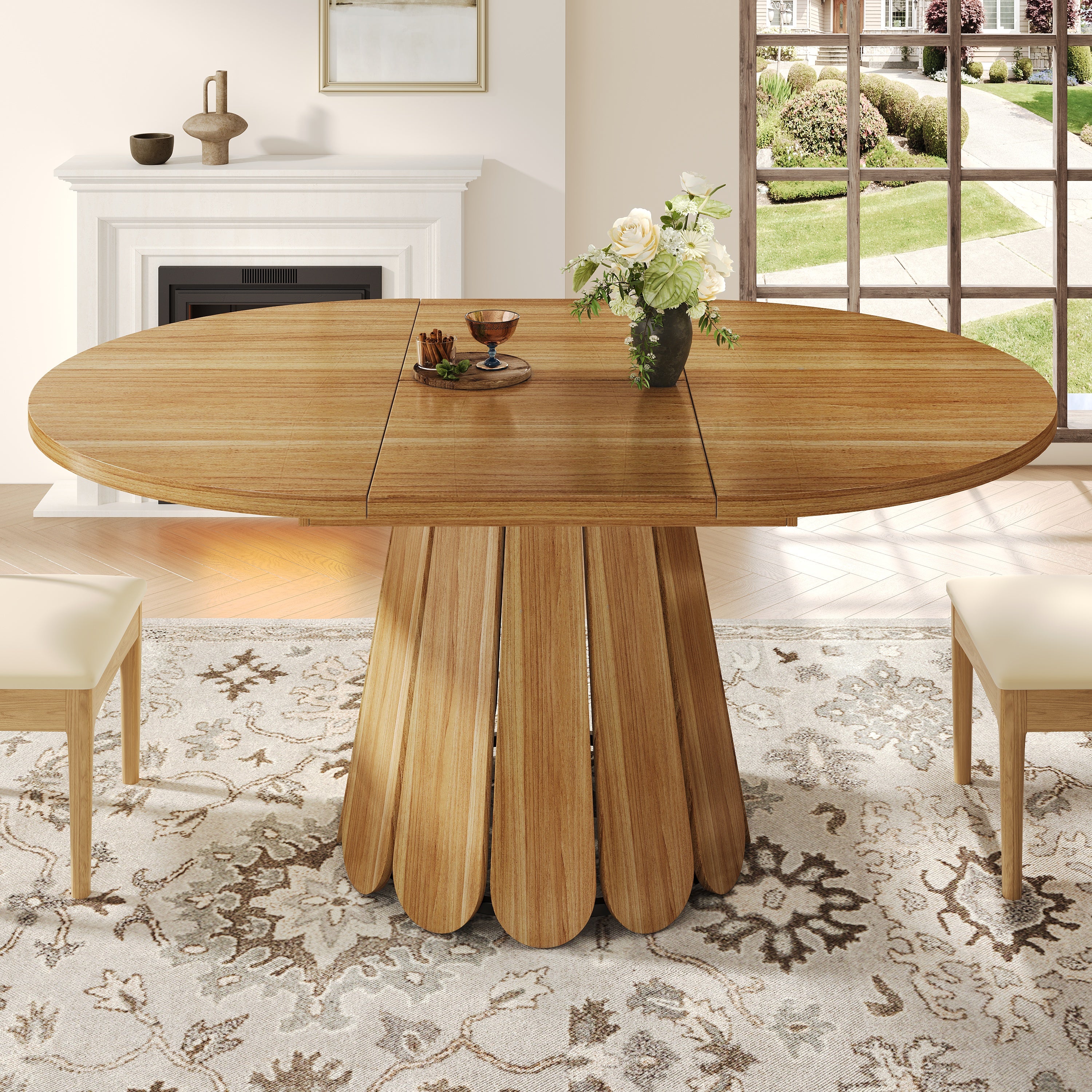 Extendable dining table, dining room table, kitchen table, balcony table, wooden dining table Round dining table, extends to oval, 118–158 cm, seats up to 6 people, wood