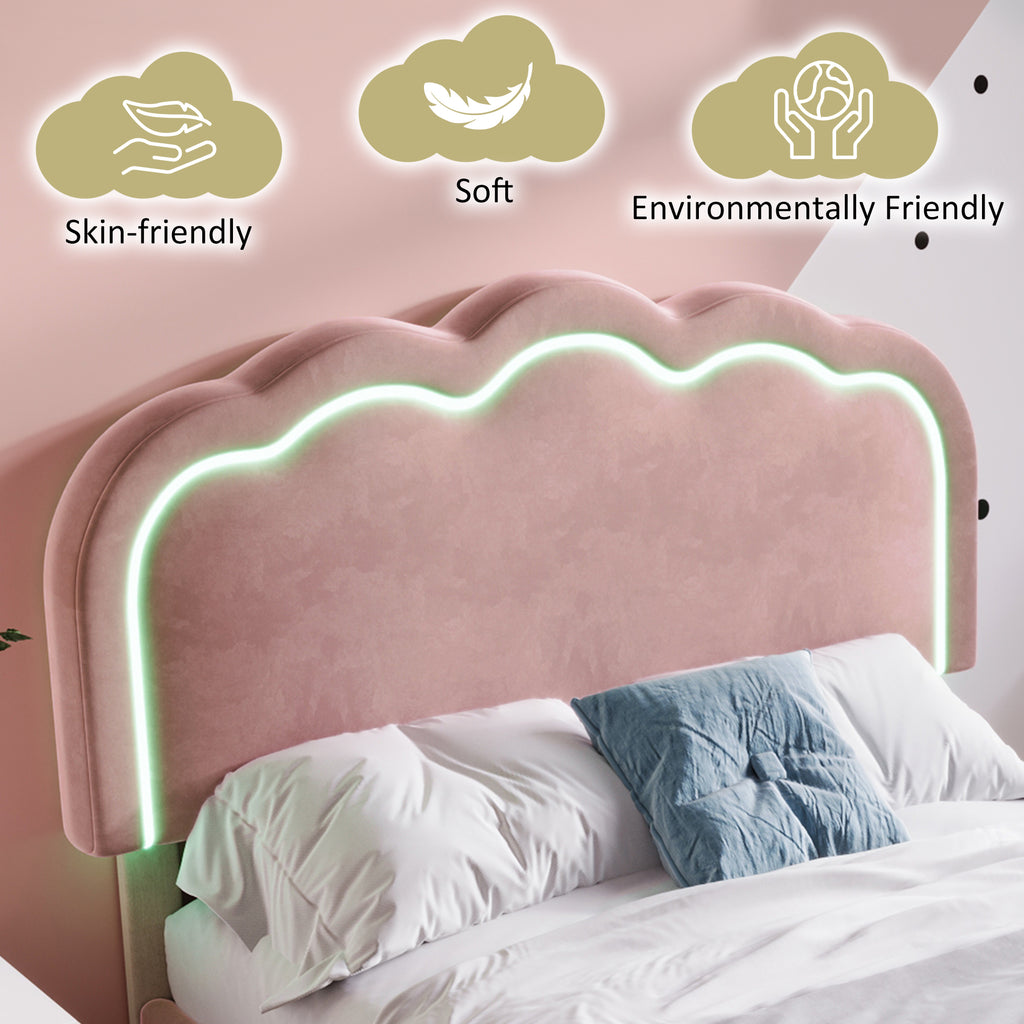 Upholstered Bed, 3ft 90x190cm Single Bed with LED, Bed Frame with Wooden Slats and Adjustable Height Headboard, Teen Bed for Bedroom and Guest Room, Pink, Velvet Material, Without Mattress.