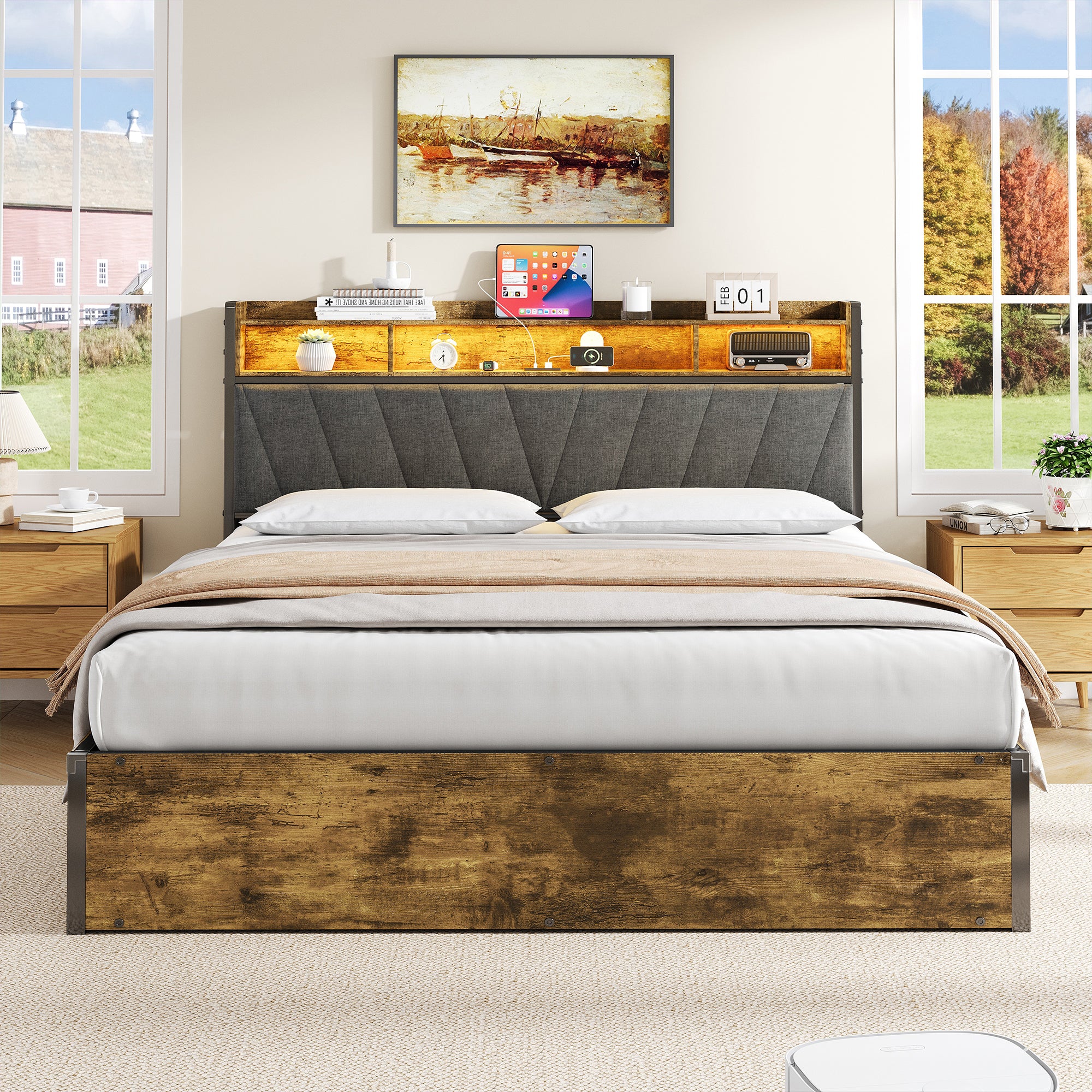 5ft King Bed Frame with Hydraulic Storage, RGB LED Storage Headboard with Charging Station, USB and Type-C Ports, No Box Spring Needed, Easy Assembly, Black+Walnut (No Mattress)