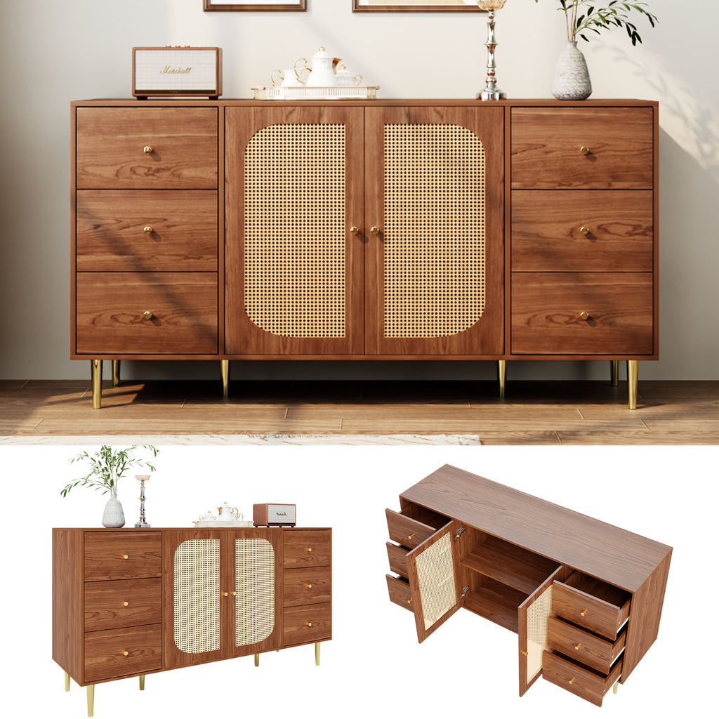 Modern sideboard 160*40*90cm, rattan door design, with 6 drawers, wooden texture, gold metal legs, dining room living room storage cabinet