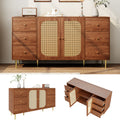 Modern sideboard 160*40*90cm, rattan door design, with 6 drawers, wooden texture, gold metal legs, dining room living room storage cabinet