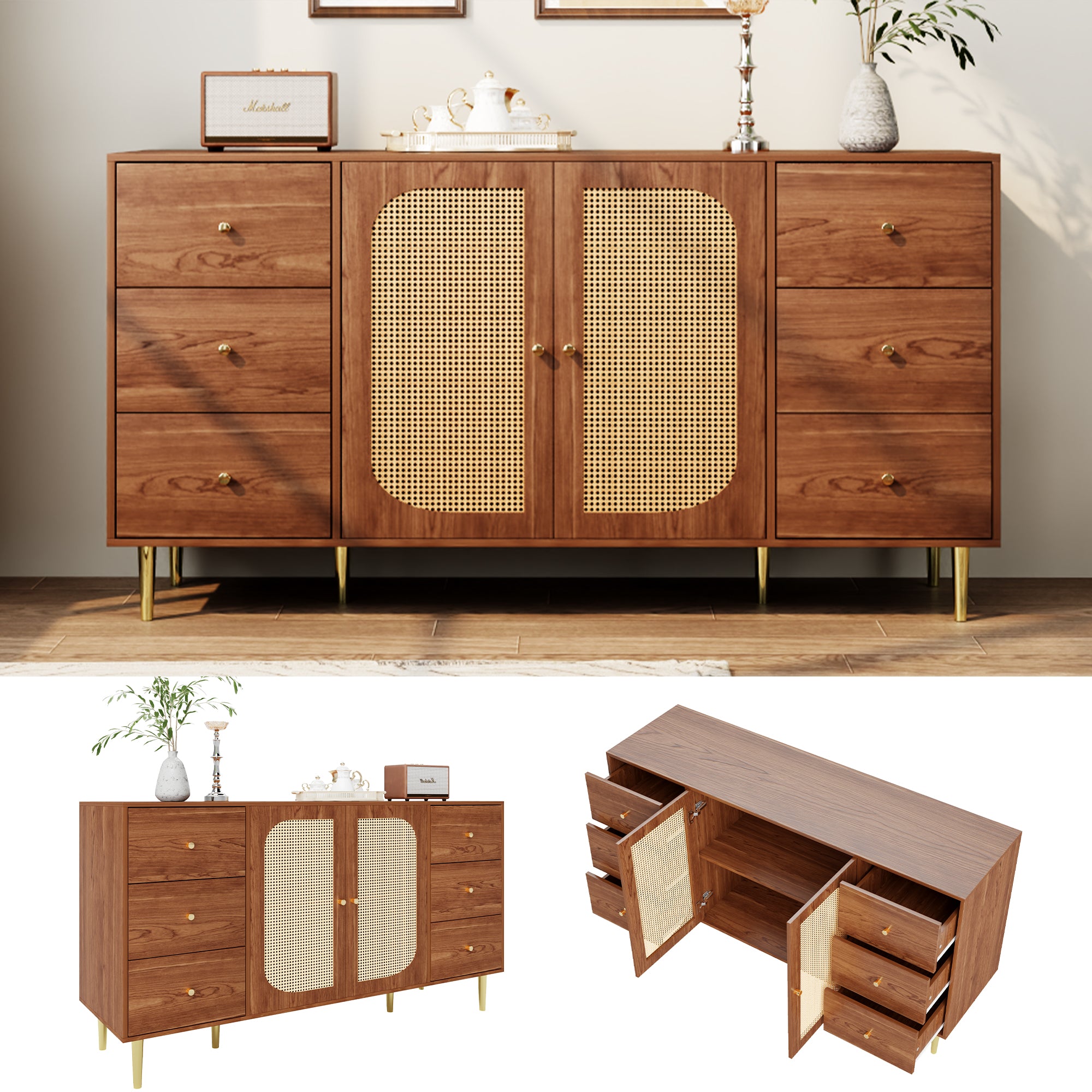Modern sideboard 160*40*90cm, rattan door design, with 6 drawers, wooden texture, gold metal legs, dining room living room storage cabinet