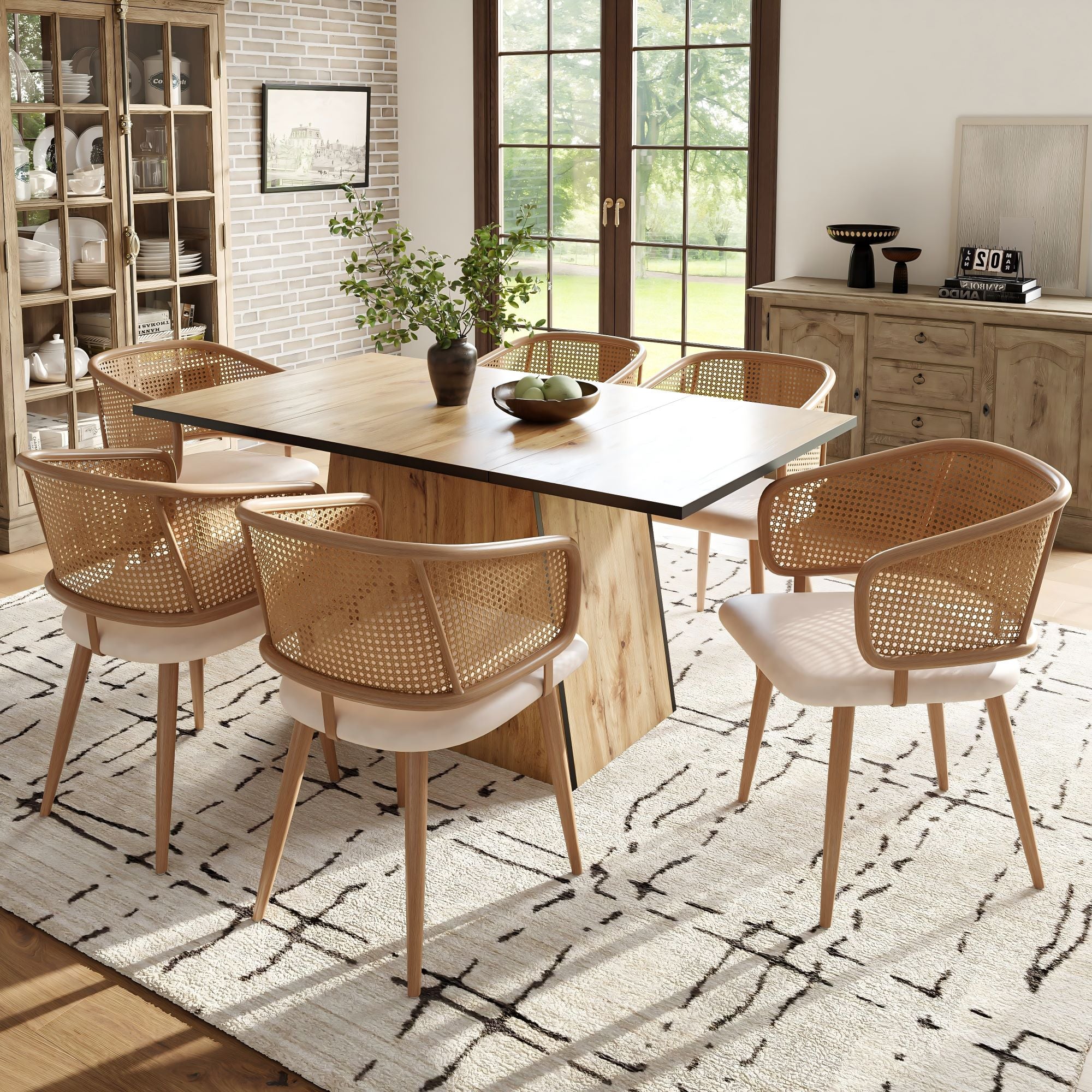 Modern Dining Chairs (2 pcs) with Rattan Backrest & PU Leather Seat, Breathable and Comfortable Dining Chairs for Restaurant, Living Room, Café , Contemporary Simple Style, Beige