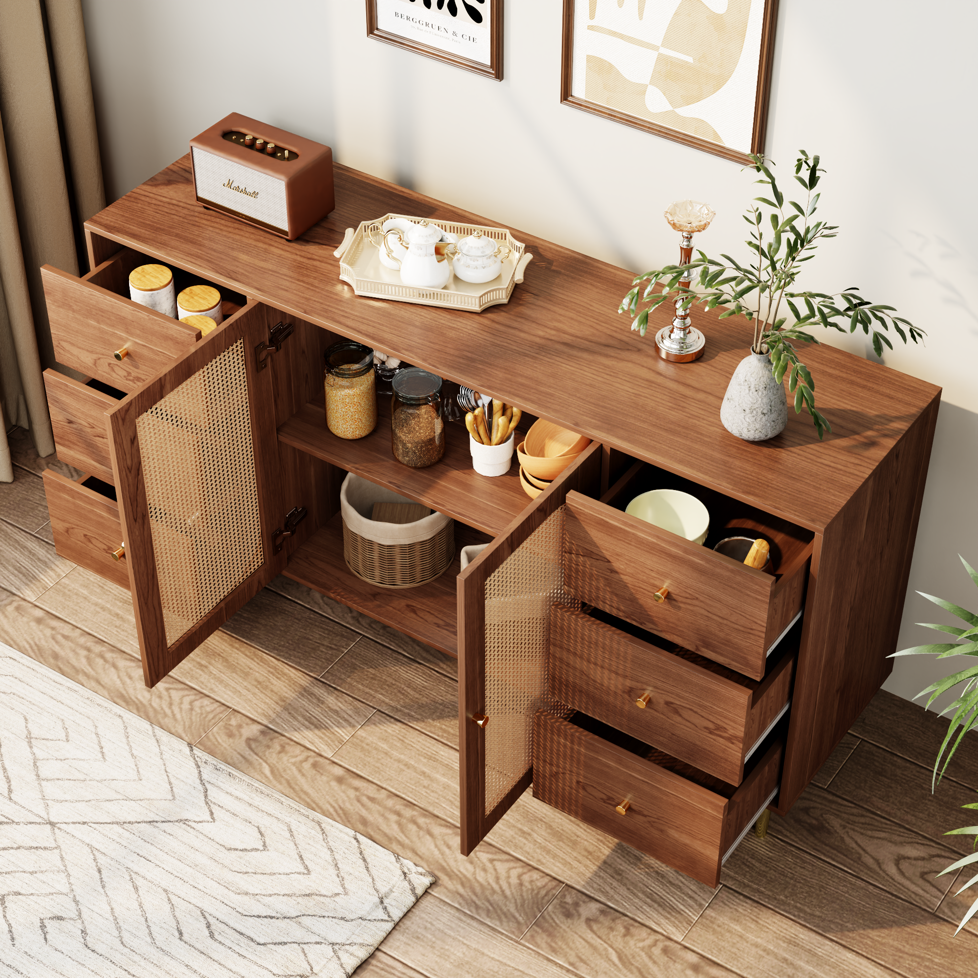 Modern sideboard 160*40*90cm, rattan door design, with 6 drawers, wooden texture, gold metal legs, dining room living room storage cabinet