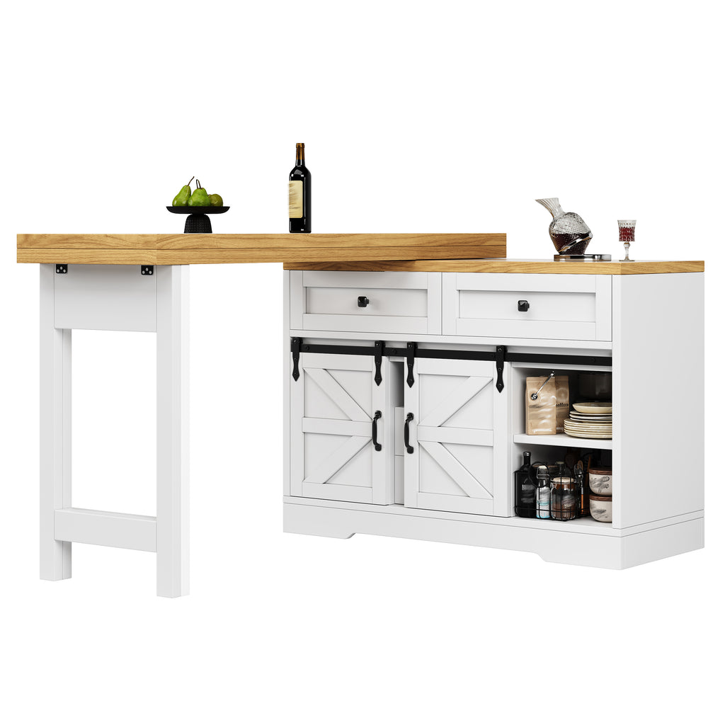 Extendable Sideboard & Dining Table Combo, Kitchen Storage Cabinet with Adjustable Shelves & Drawers, Multi-Functional & Space-Saving , White